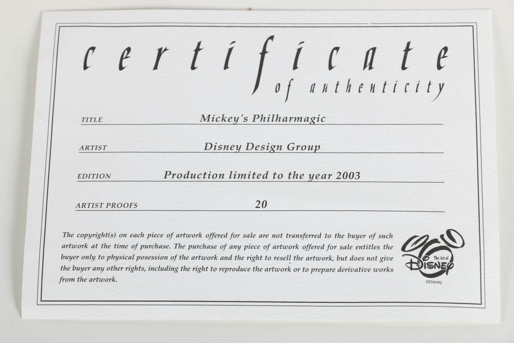 Disney Design Group Offset Lithograph on Board "Mickey's Philharmagic"