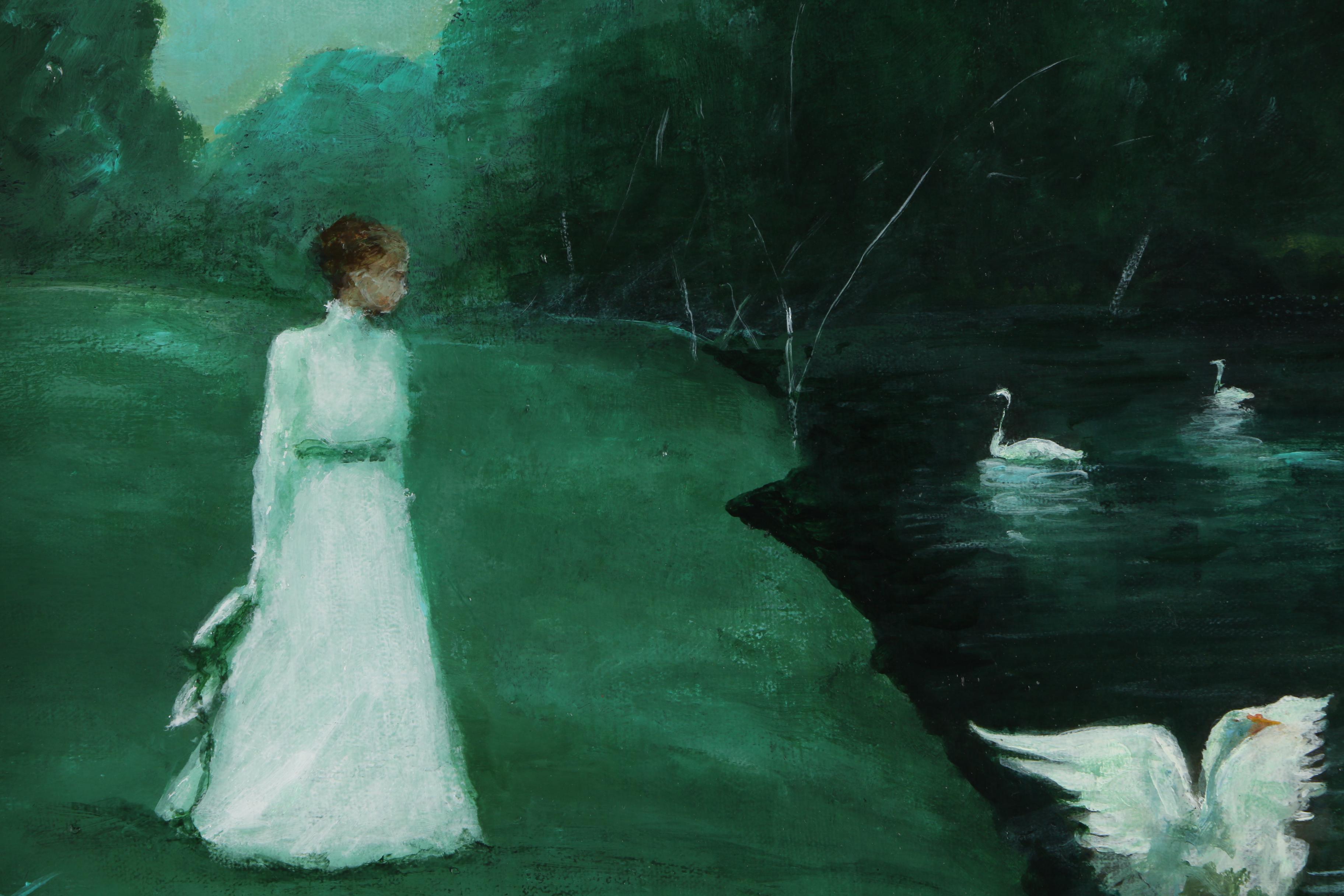 L.A. Porter Oil Painting on Canvas of Woman and Swans