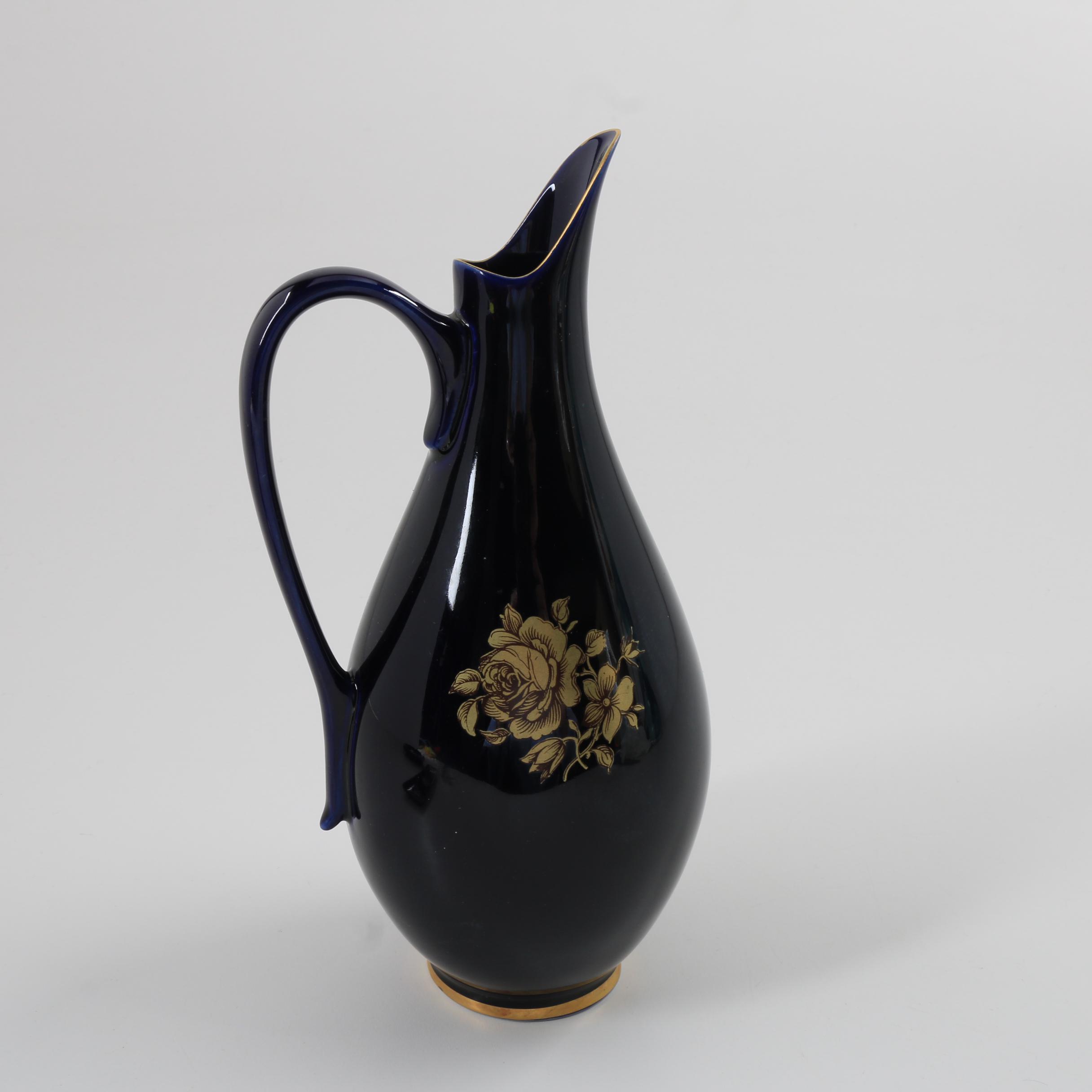 Hollohaza Cobalt and Gilt Porcelain Jug, Tray and Ashtray