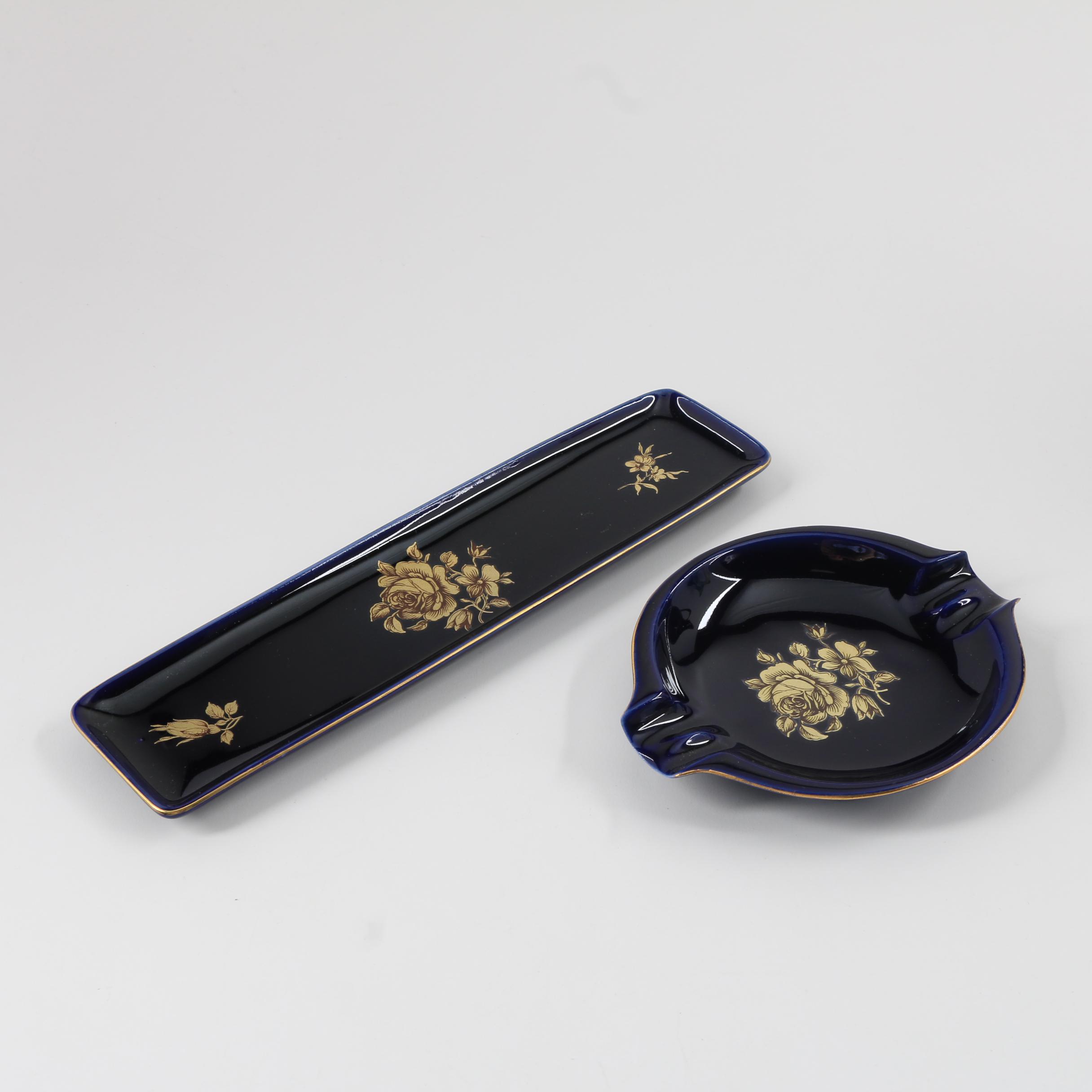Hollohaza Cobalt and Gilt Porcelain Jug, Tray and Ashtray