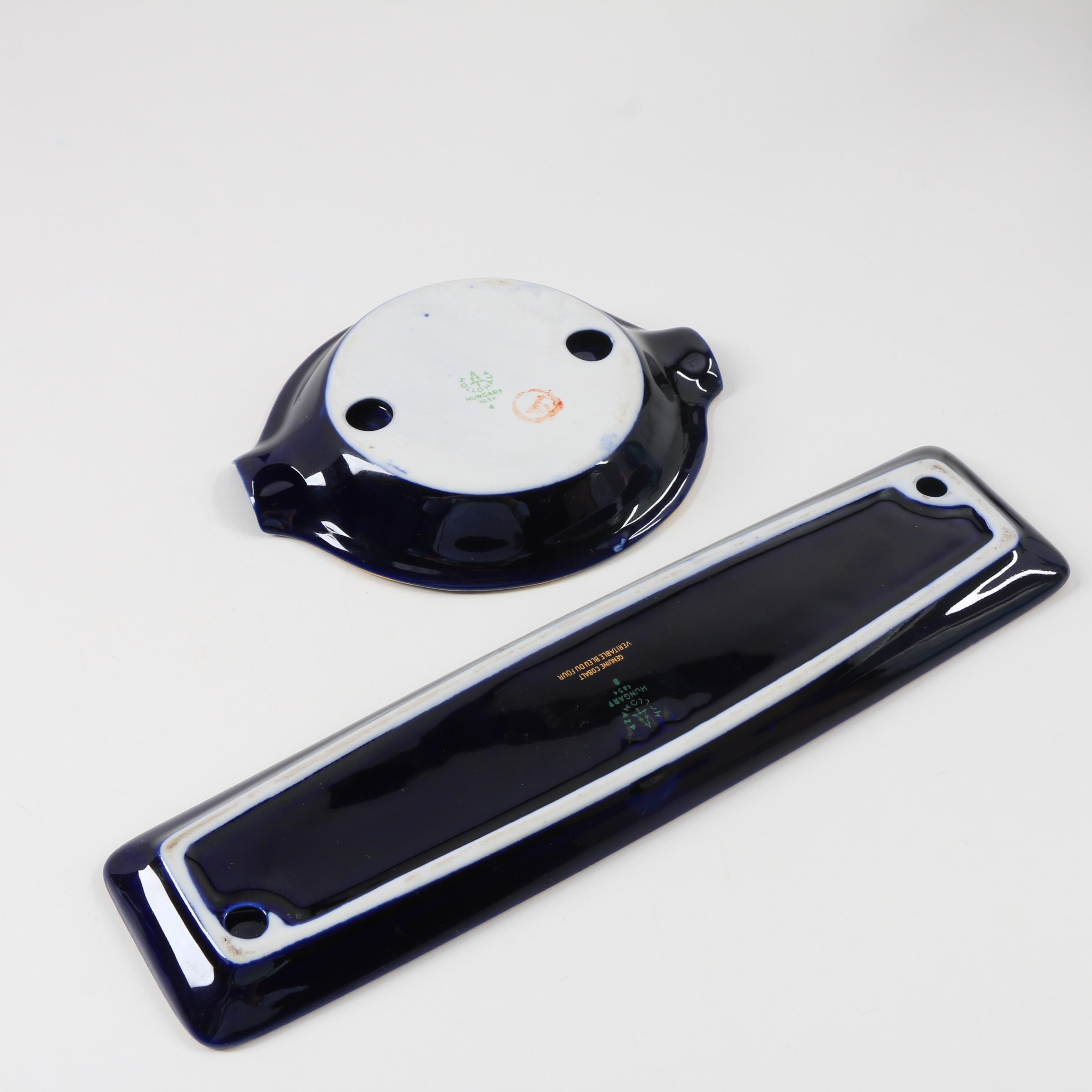 Hollohaza Cobalt and Gilt Porcelain Jug, Tray and Ashtray