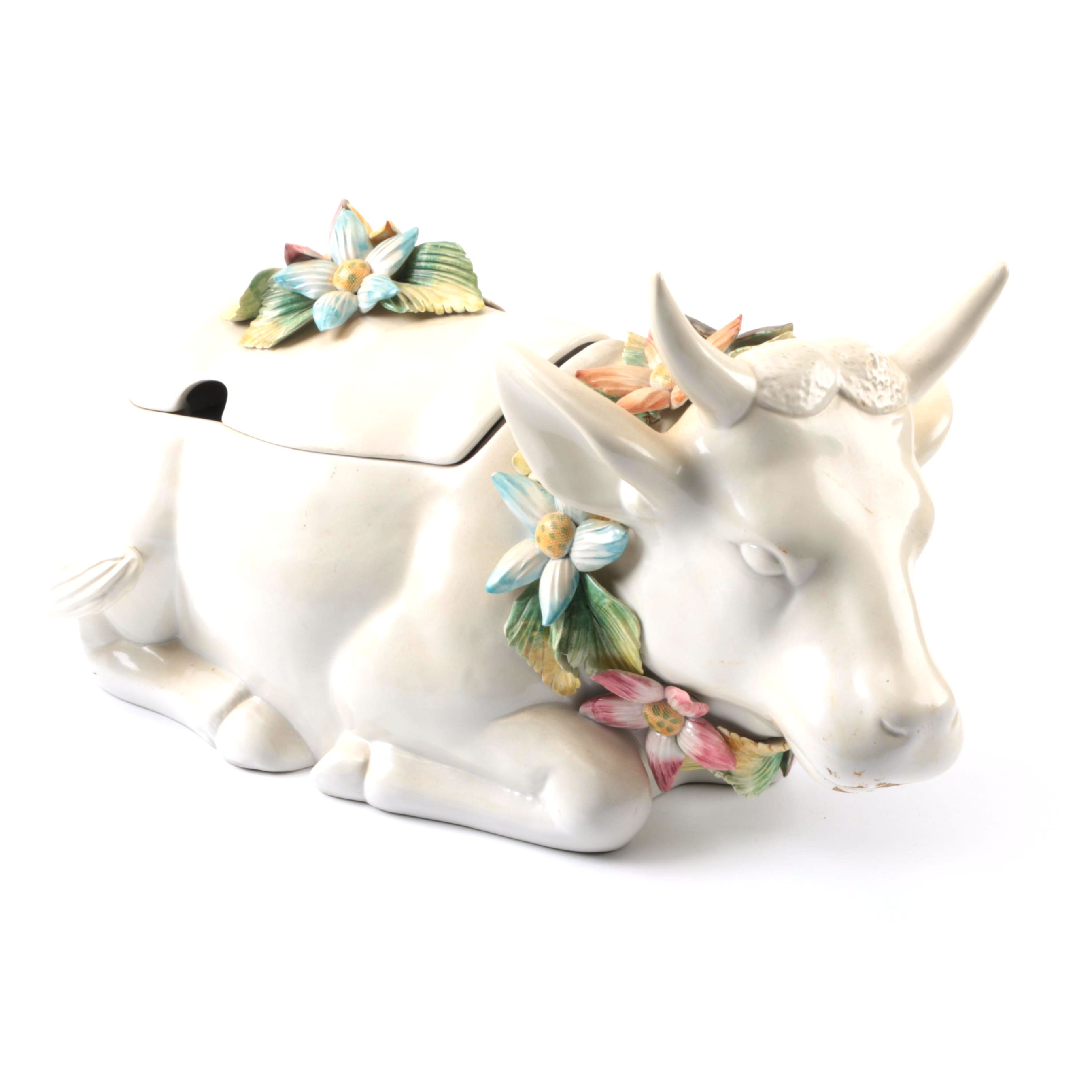 Italian Ceramic Cow Tureen with Floral Wreath