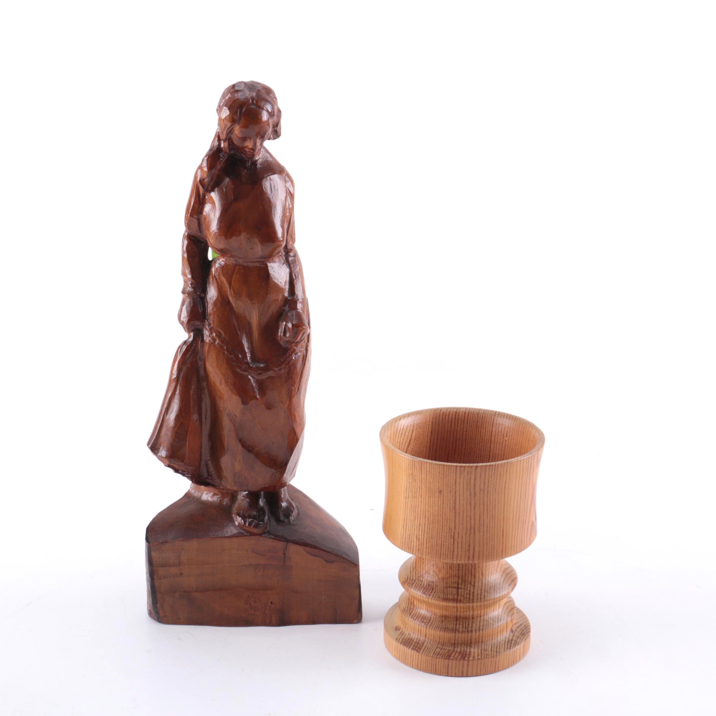 N.A. Sandin Wood Carving of a Woman and a Carved Cup