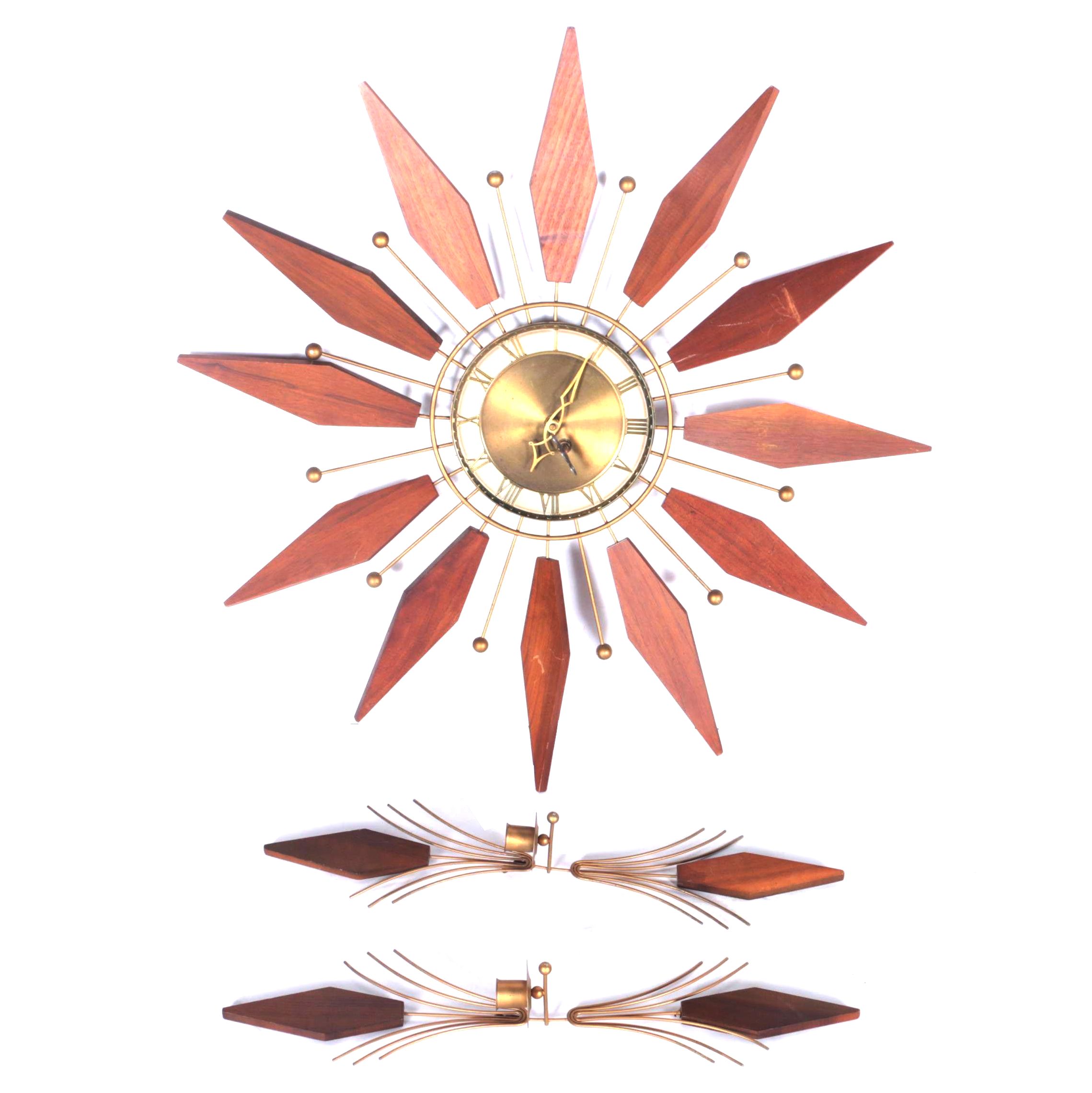 Mid Century Modern Wood and Brass Wall Clock with Scounces