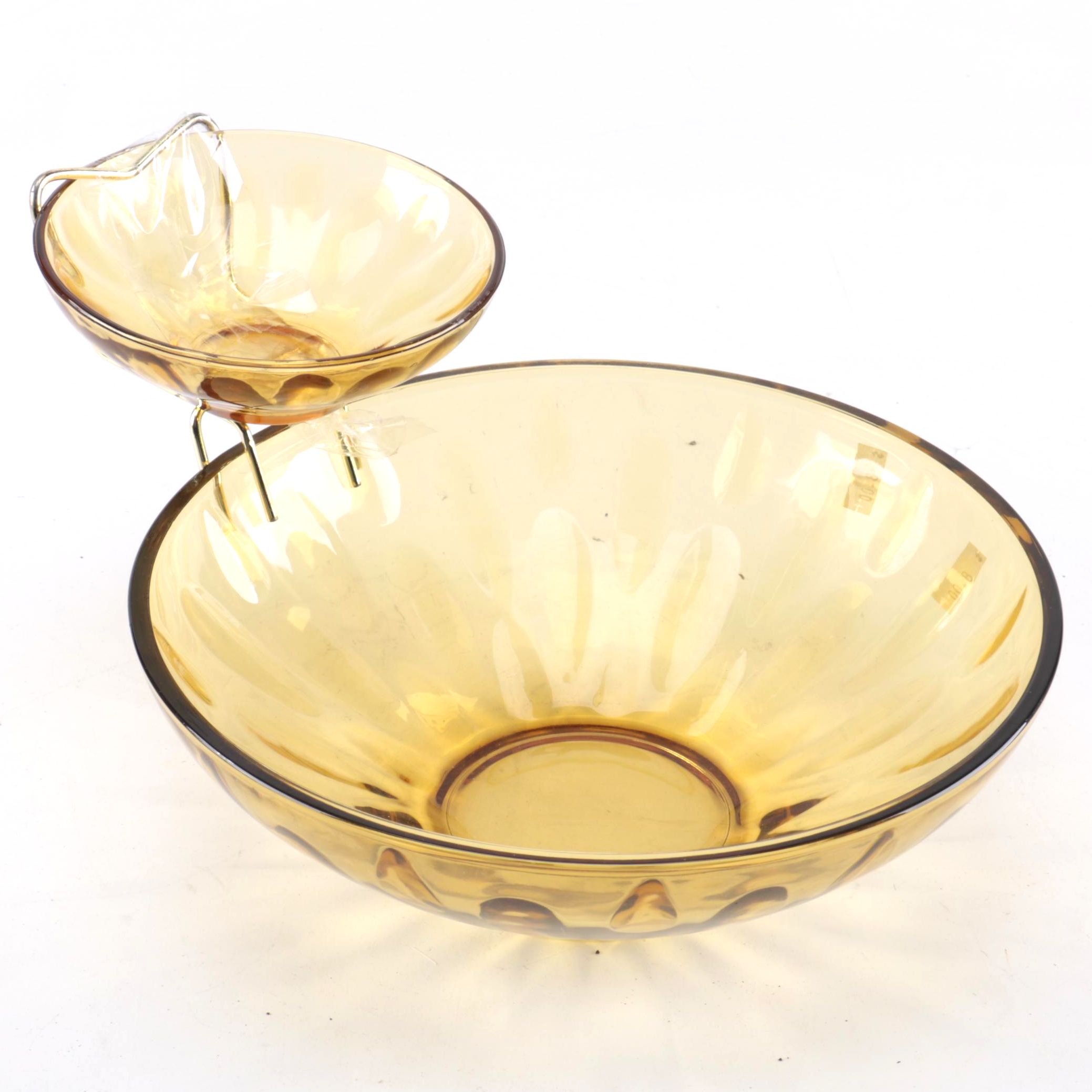 Mid Century Modern Amber Glass Chip and Dip Bowls