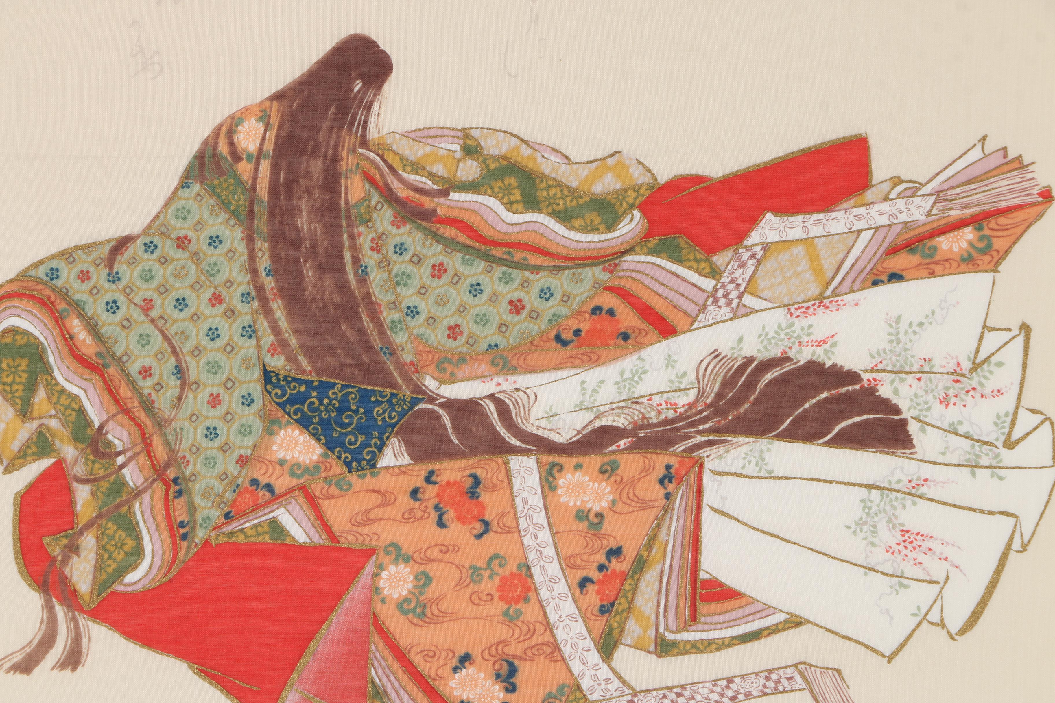 Japanese Embellished Print on Silk "Murasaki Shikibu"