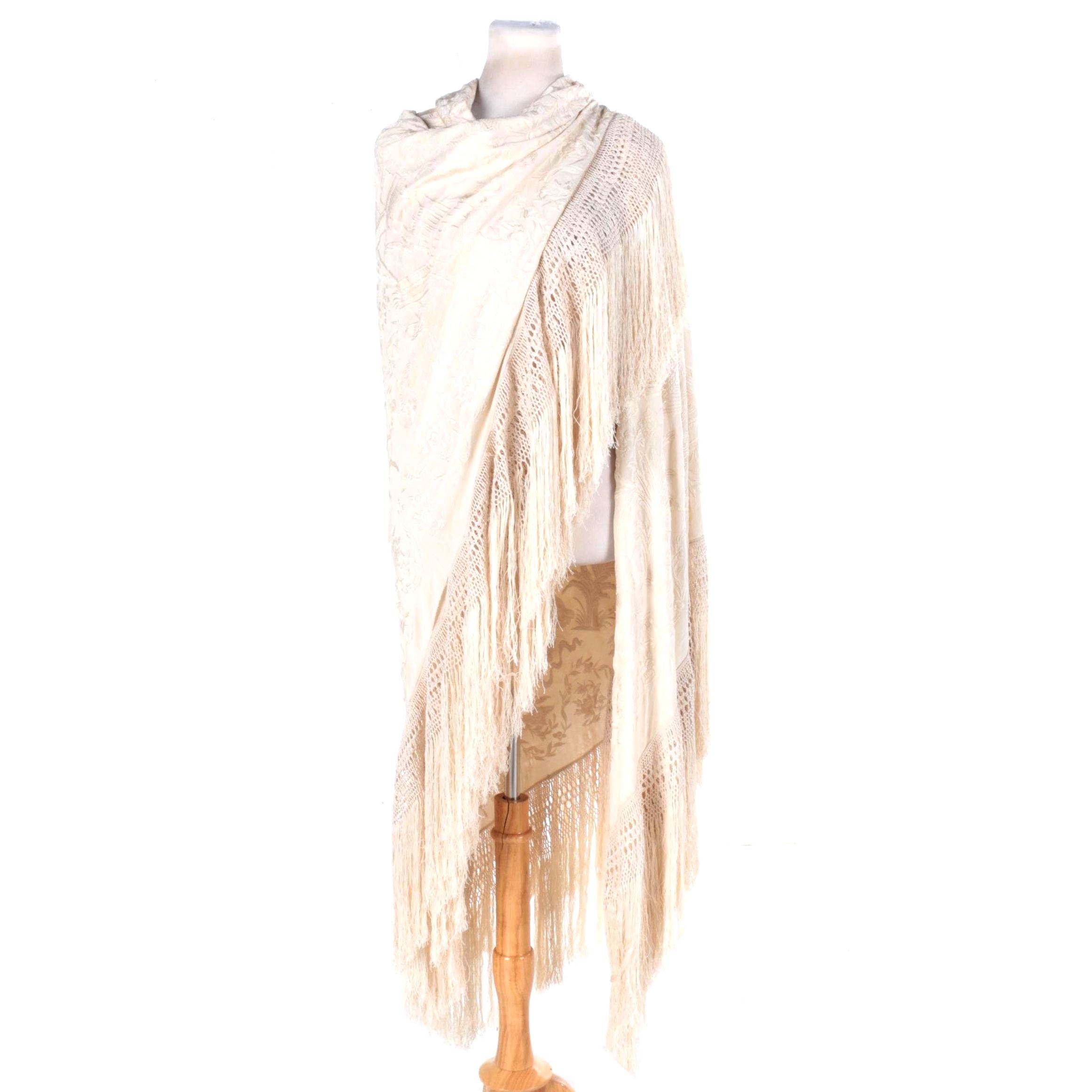 Asian Vintage Silk Ivory Piano Wrap with Hand Embroidery