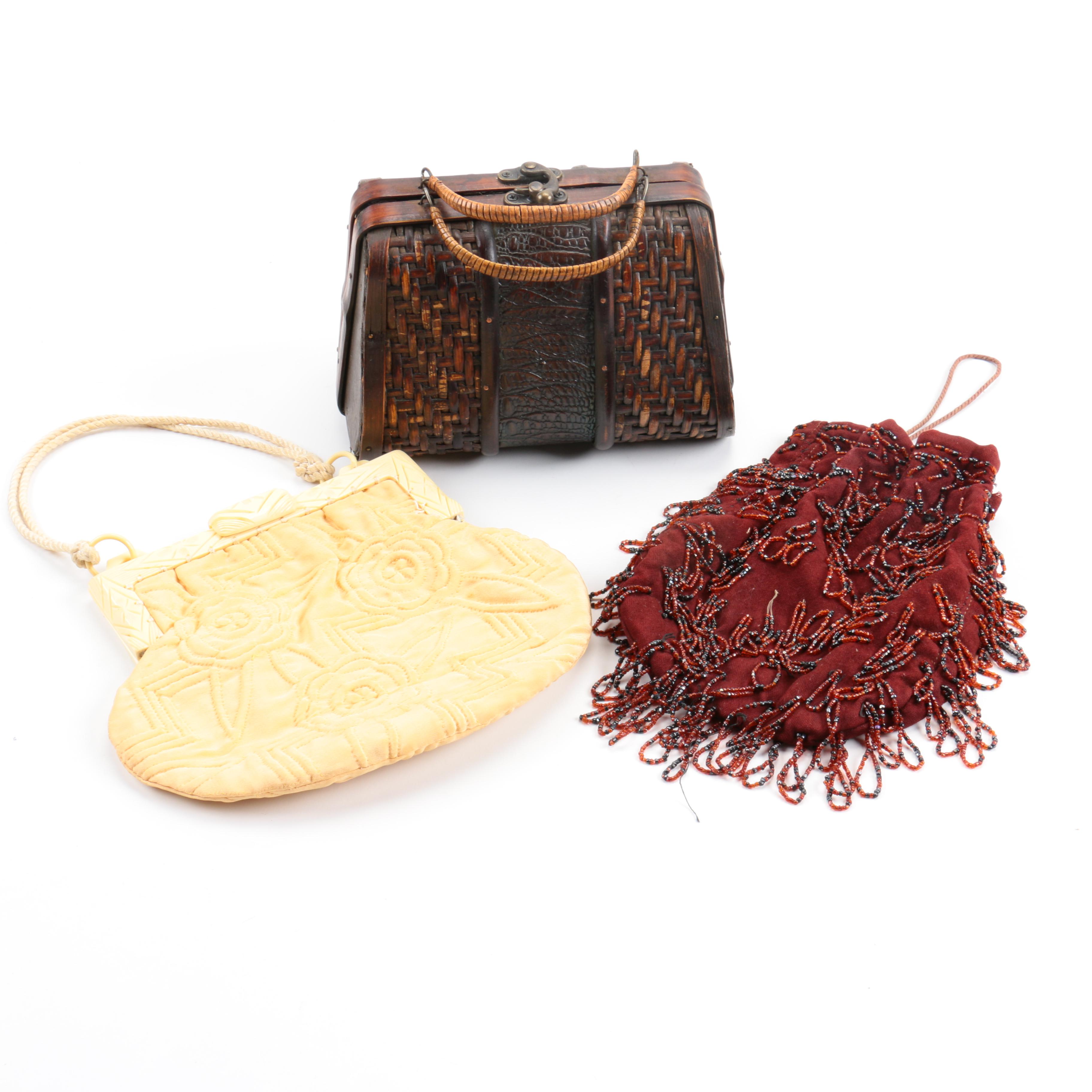 Woven Basketweave Handbag, Beaded Reticule, and Frame Bag