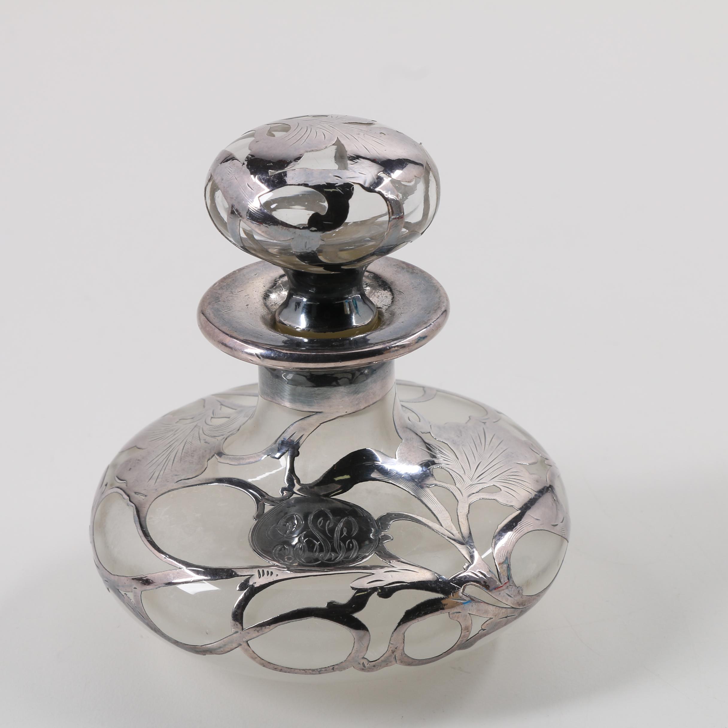 Three Metal Overlay Vases and Silver Overlay Scent Bottle