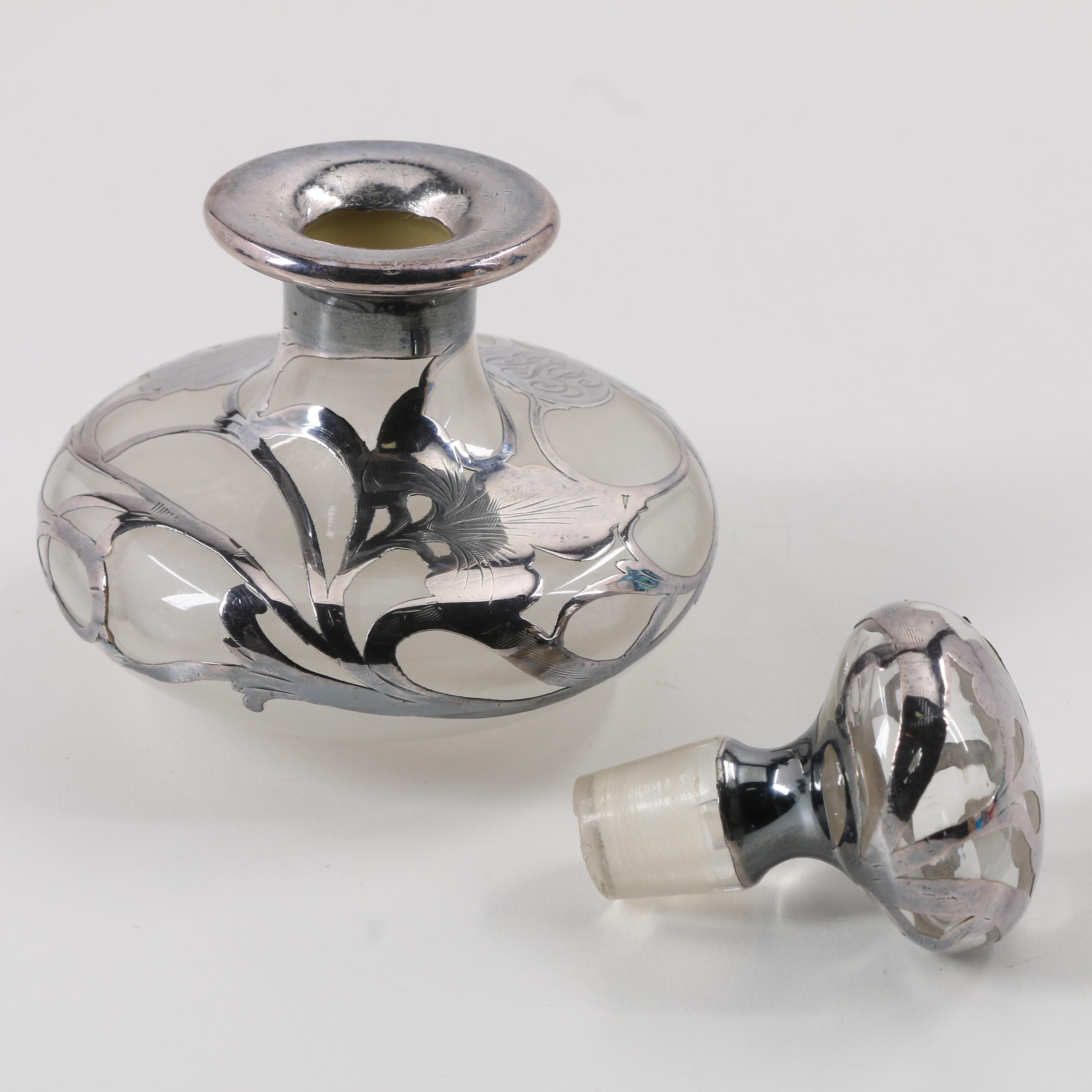 Three Metal Overlay Vases and Silver Overlay Scent Bottle