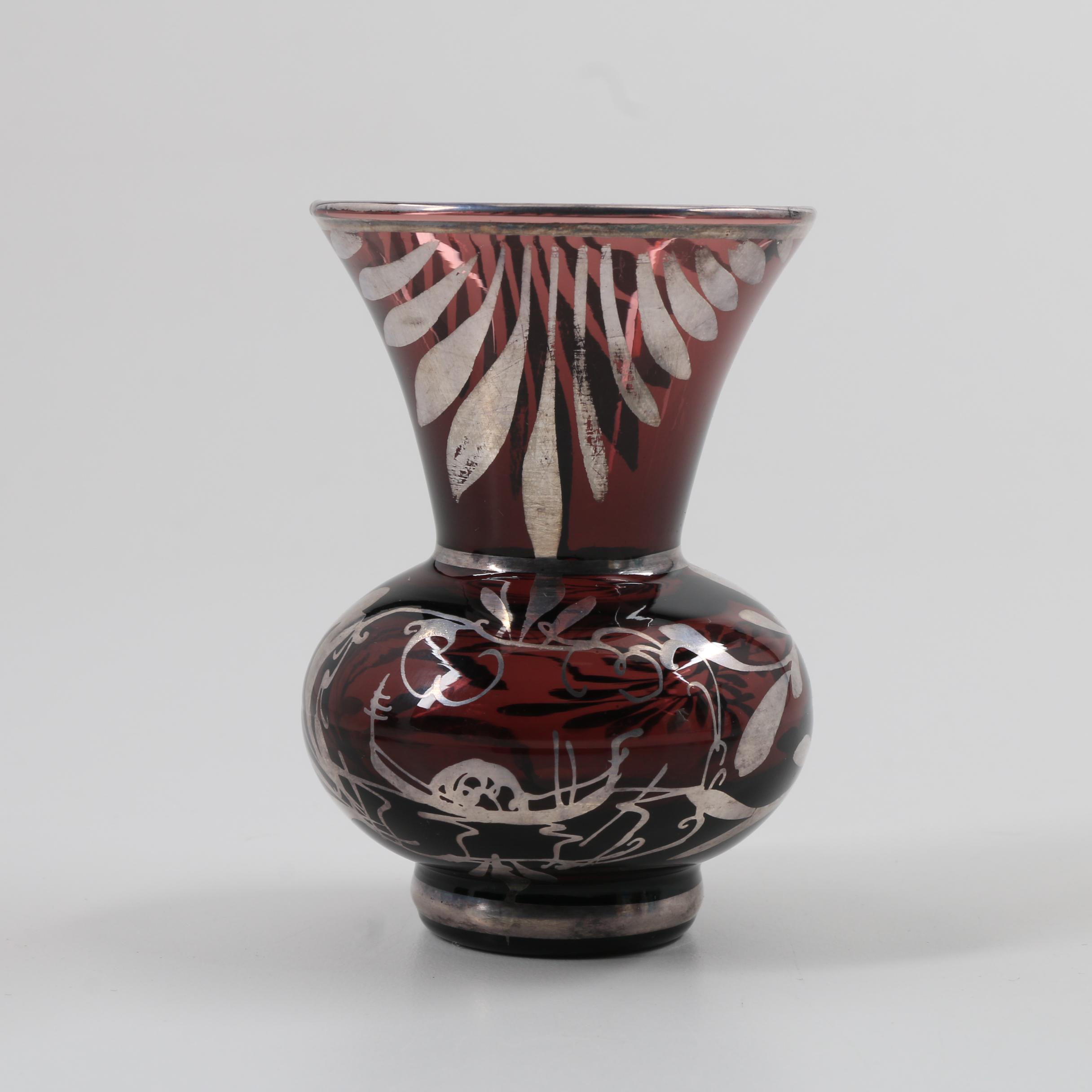 Three Metal Overlay Vases and Silver Overlay Scent Bottle