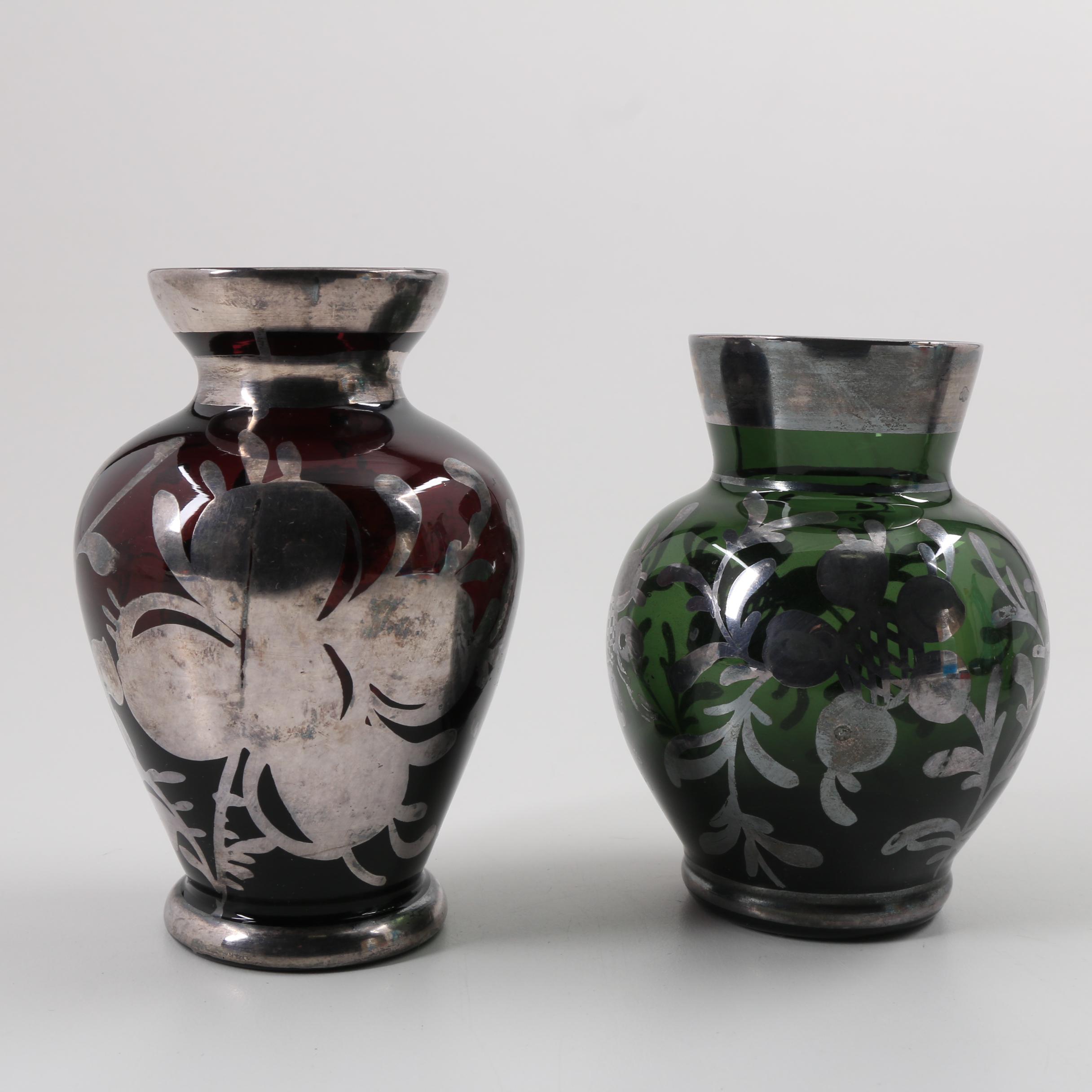 Three Metal Overlay Vases and Silver Overlay Scent Bottle