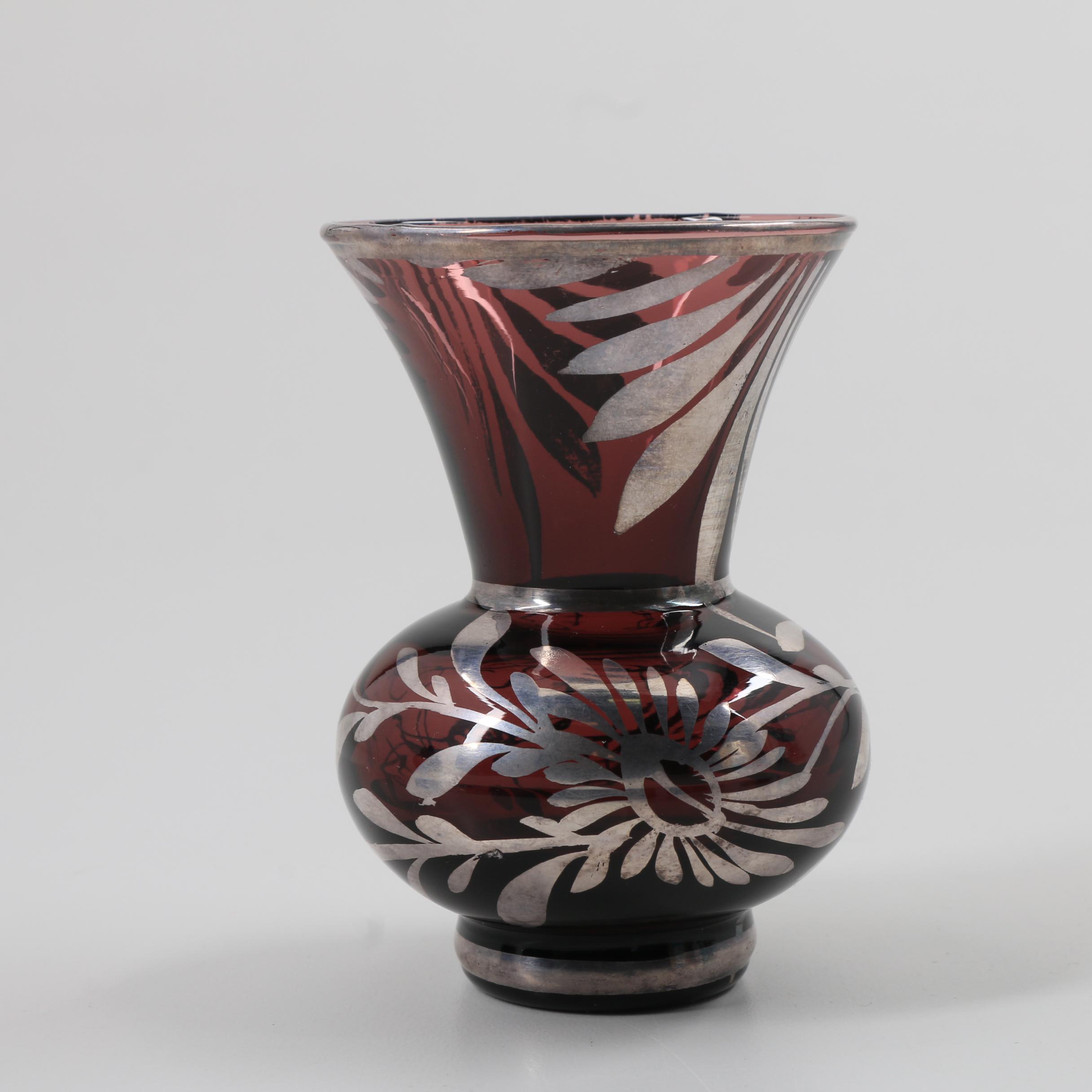 Three Metal Overlay Vases and Silver Overlay Scent Bottle