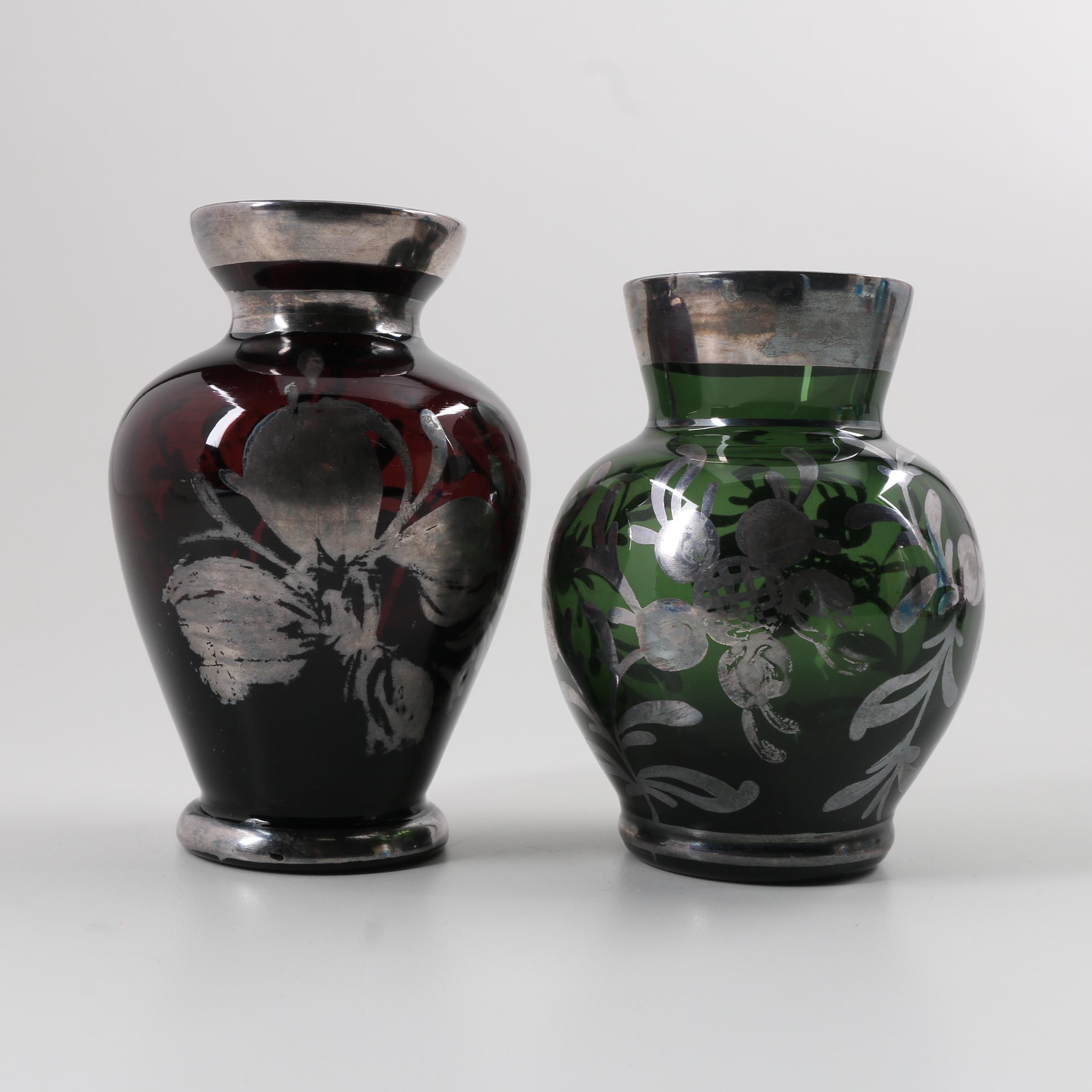 Three Metal Overlay Vases and Silver Overlay Scent Bottle