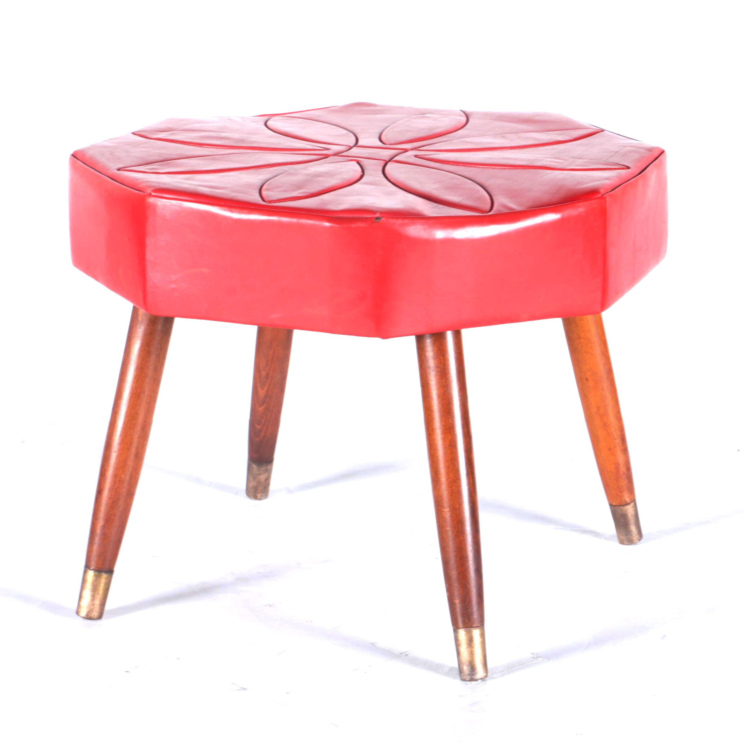 Mid Century Modern Red Leather Footstool