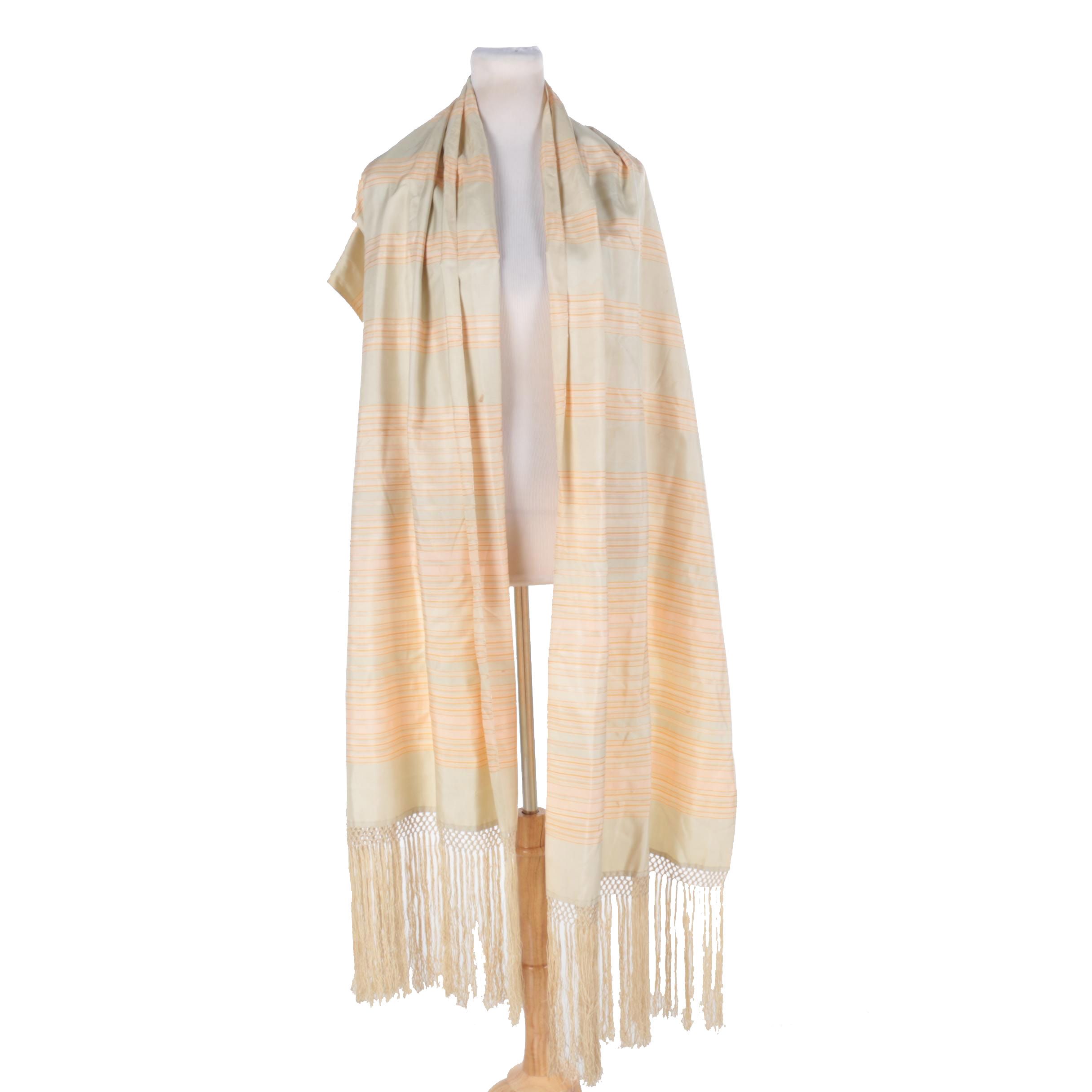 White and Beige Striped Scarf With Fringe