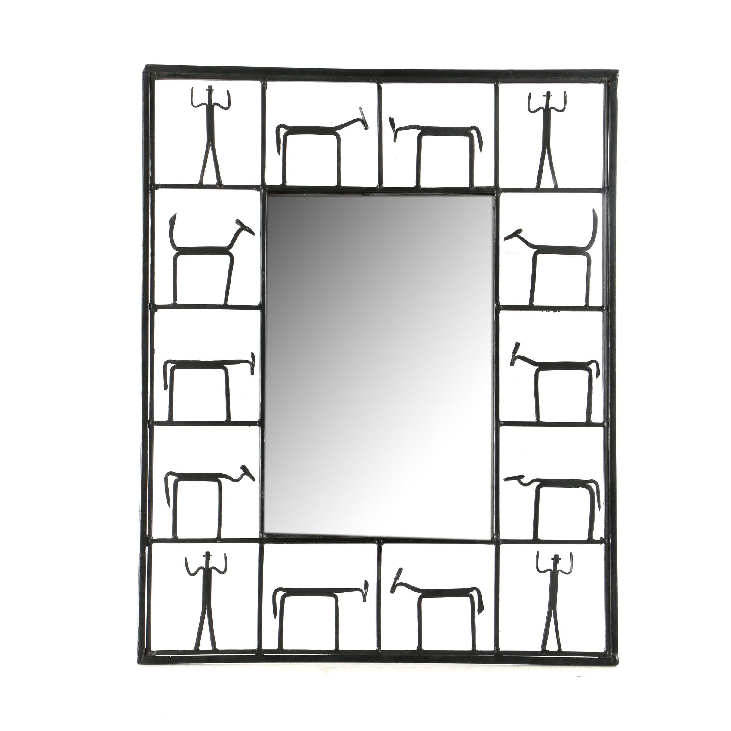 Mid Century Modern Frederick Weinberg Large Black Iron Wall Mirror