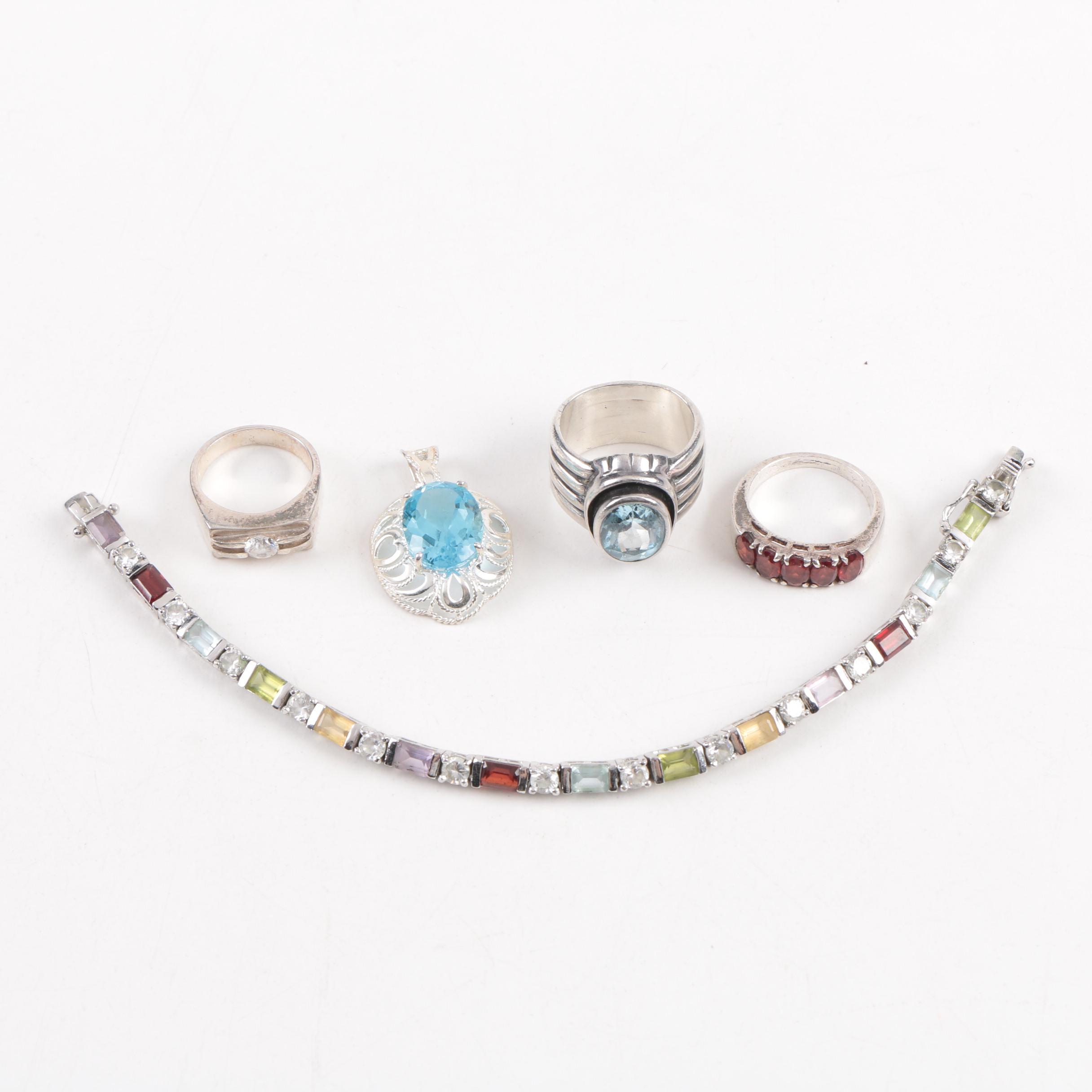Sterling Silver Rings, Pendant and Bracelet With Gemstones