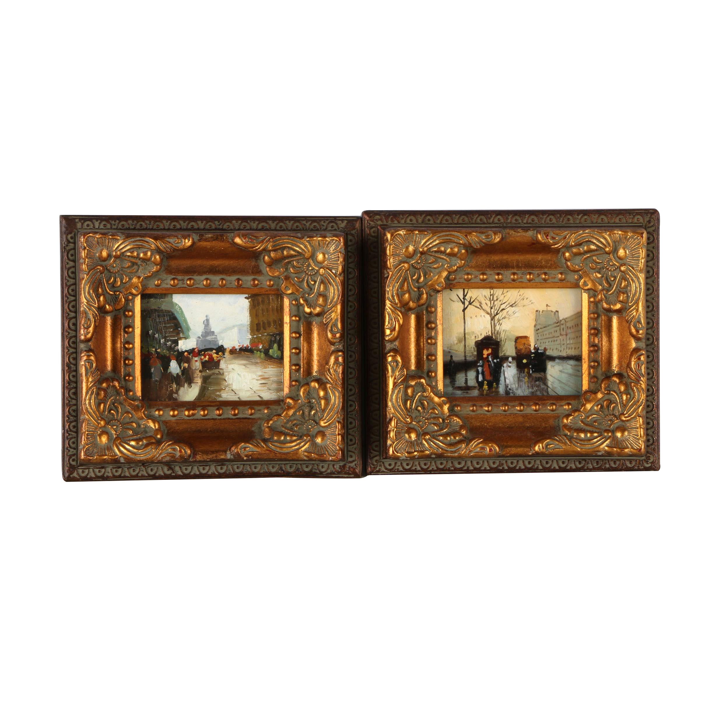 Pair Embellished Offset Lithograph Prints of Impressionist Style Street Scenes