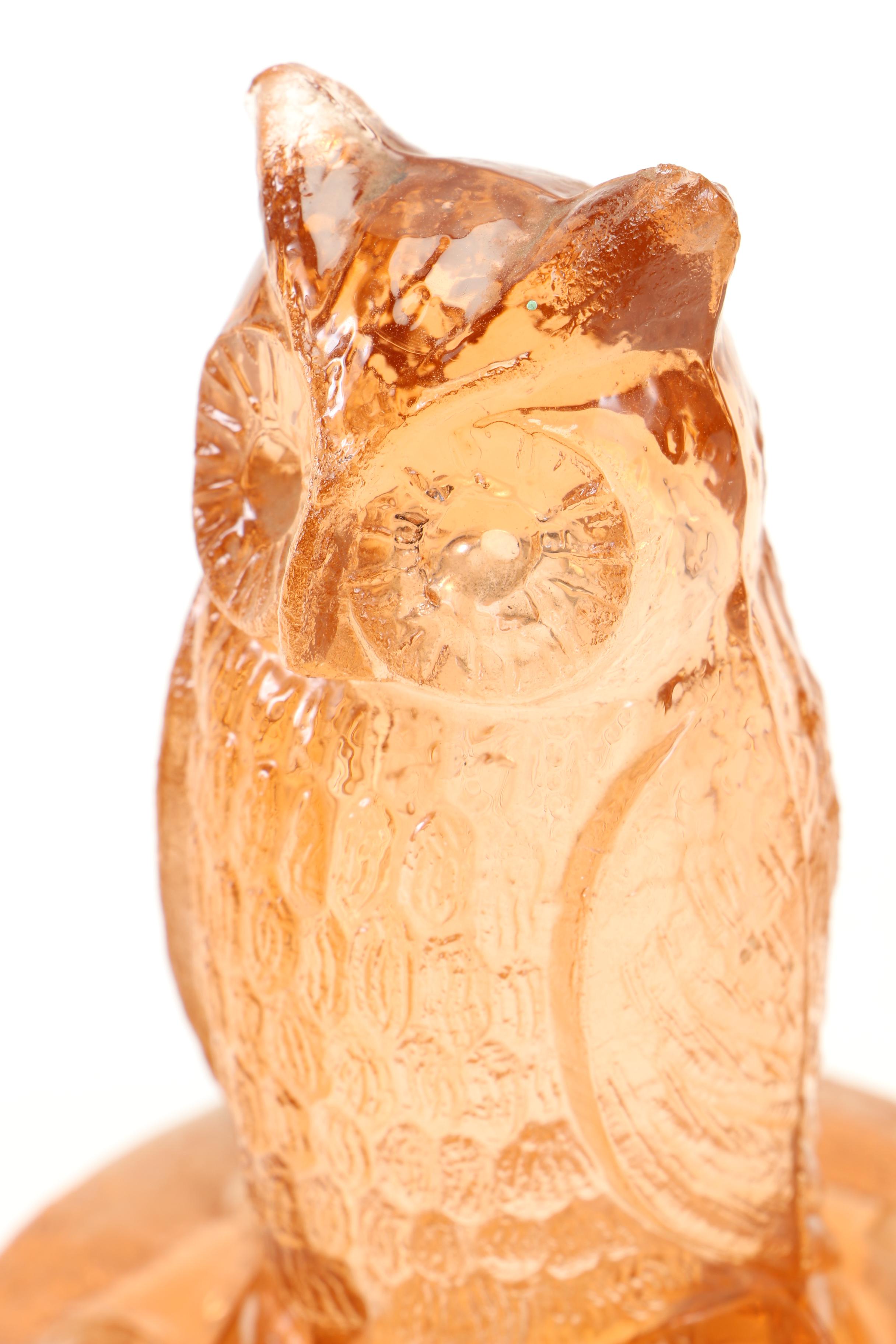 Vintage Amber Glass Owl Flower Frog