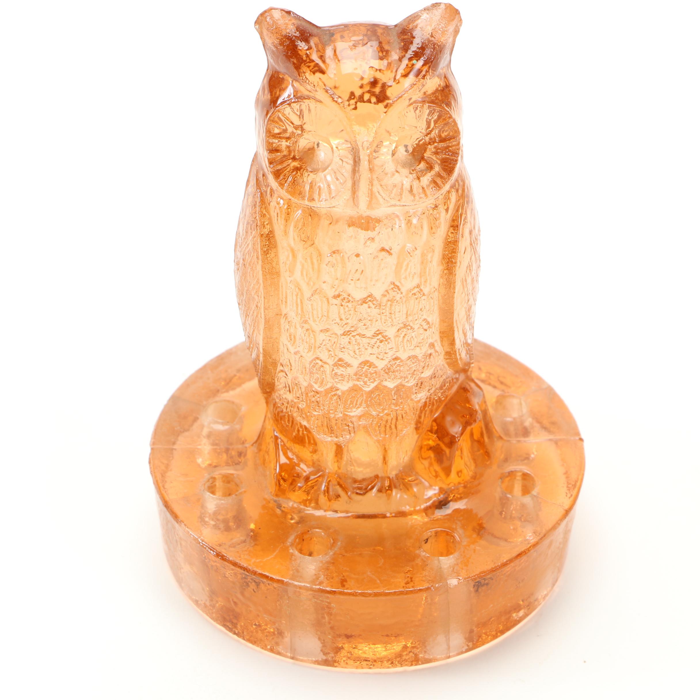 Vintage Amber Glass Owl Flower Frog