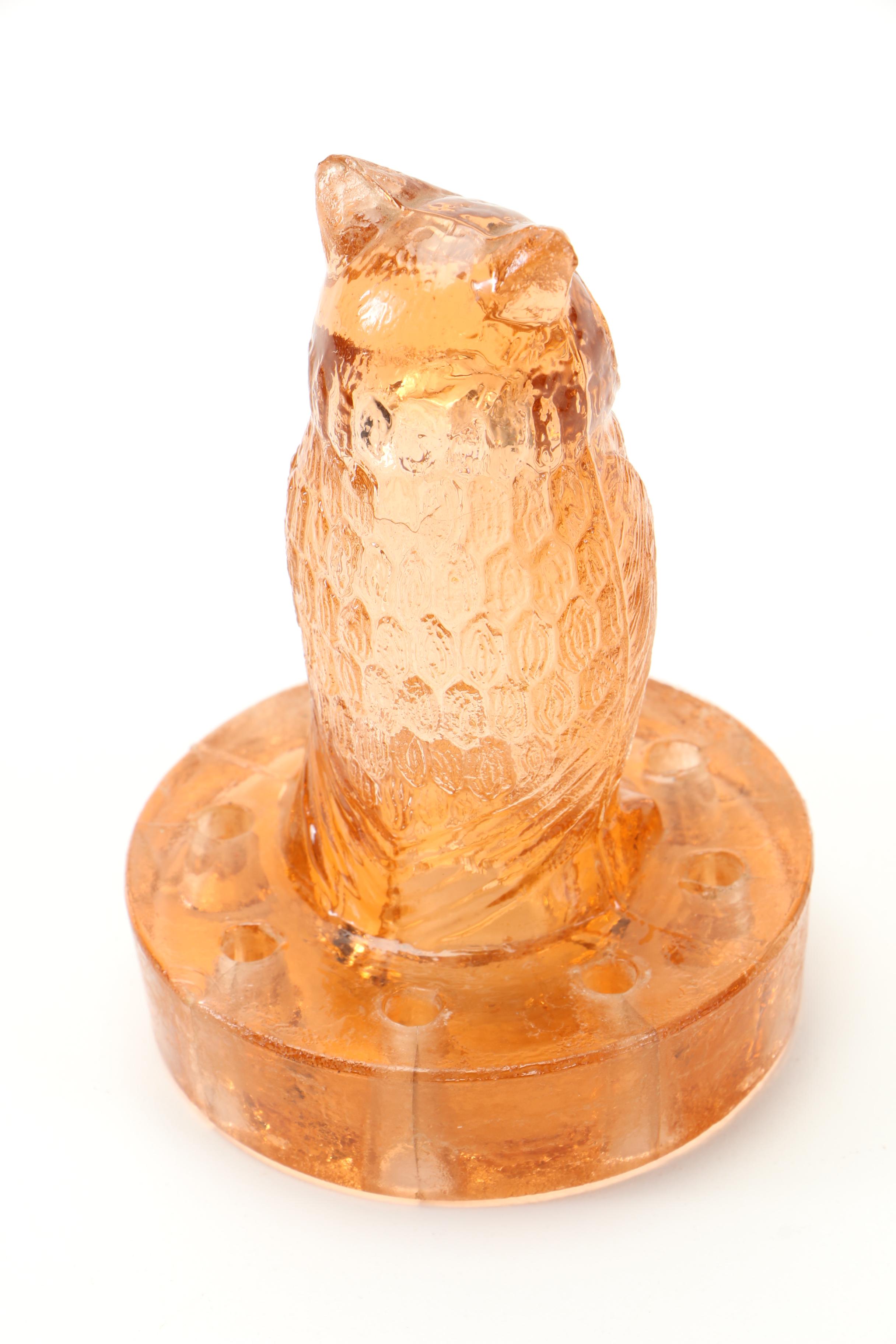 Vintage Amber Glass Owl Flower Frog