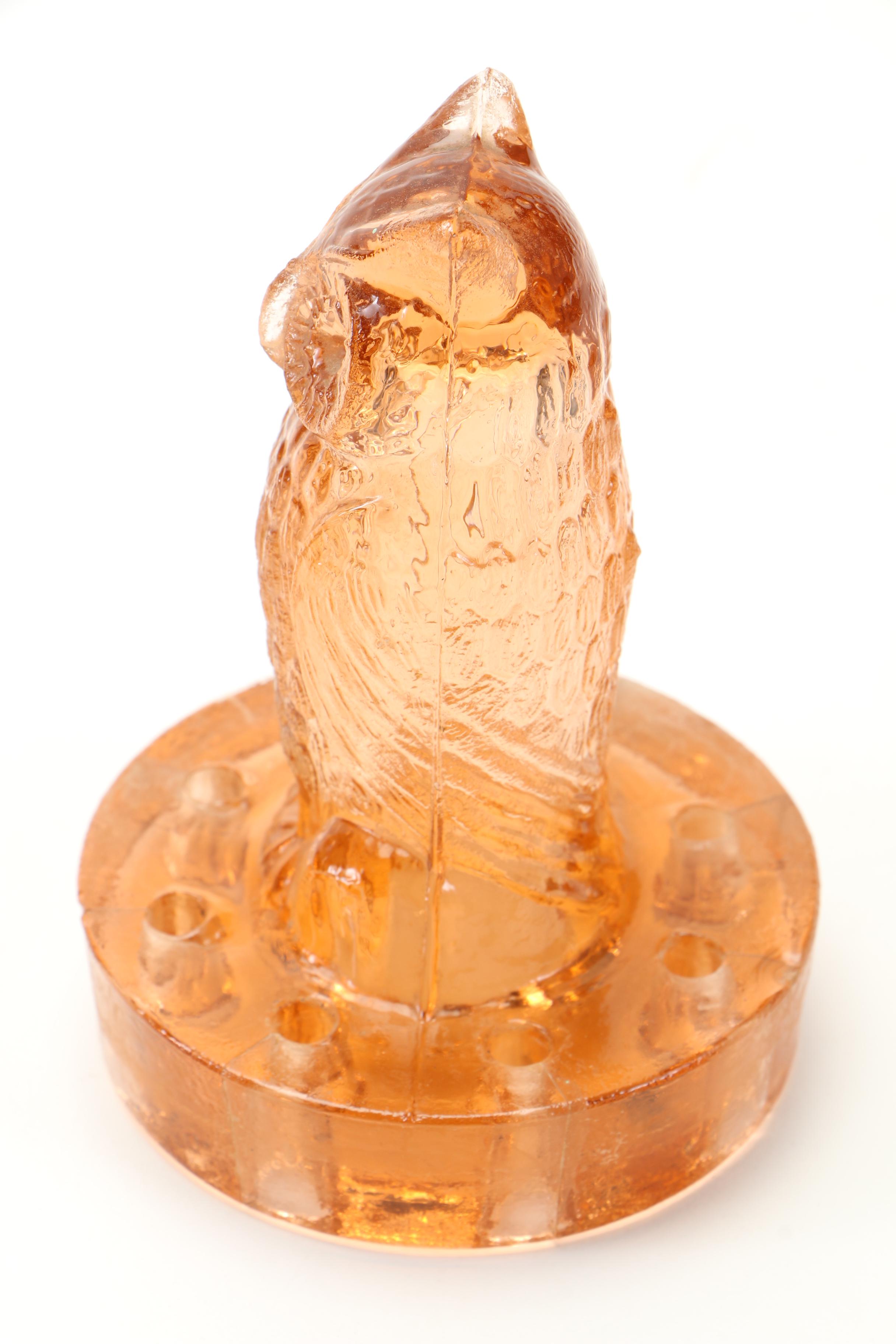 Vintage Amber Glass Owl Flower Frog