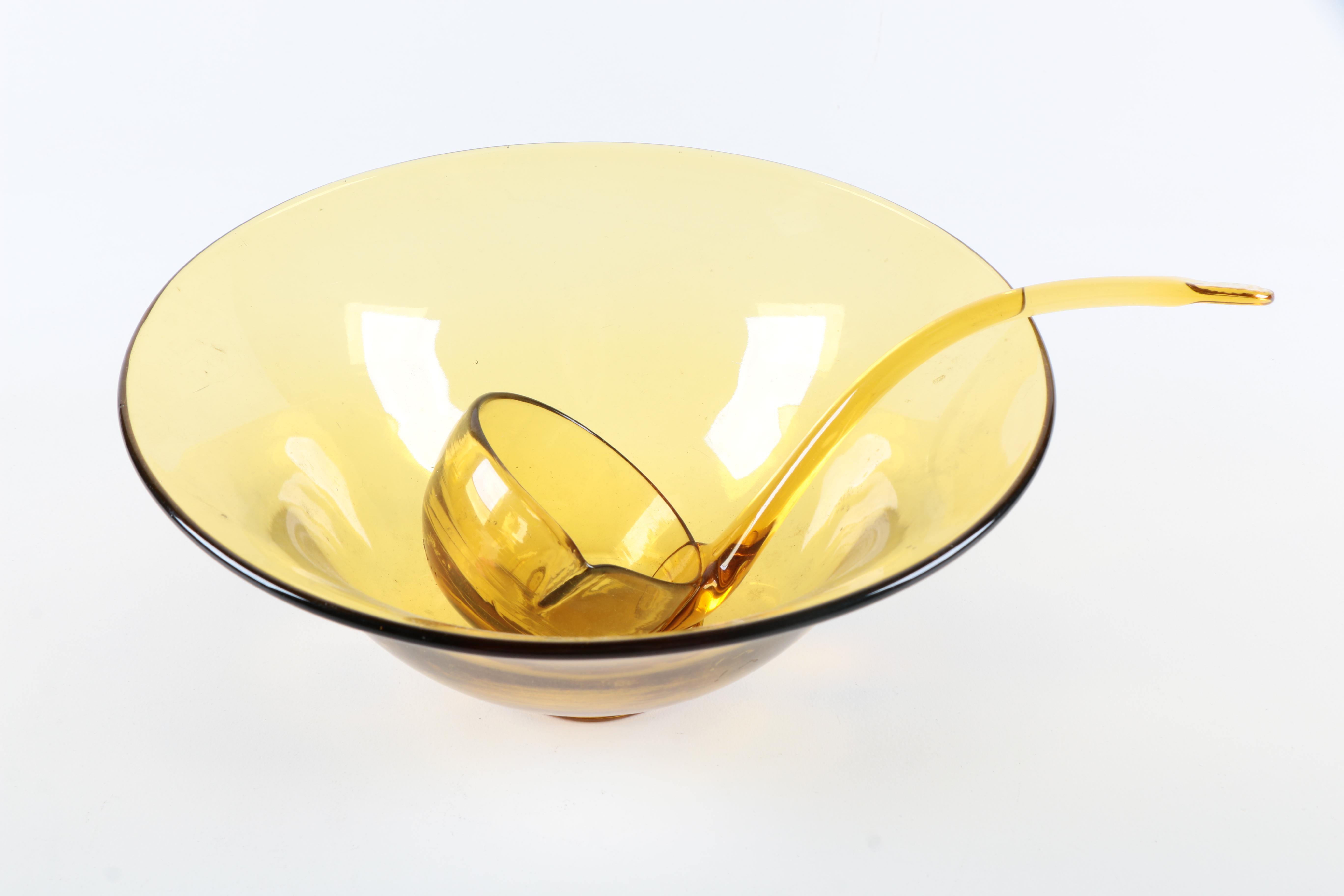 Amber Glass Punch Bowl With Ladle
