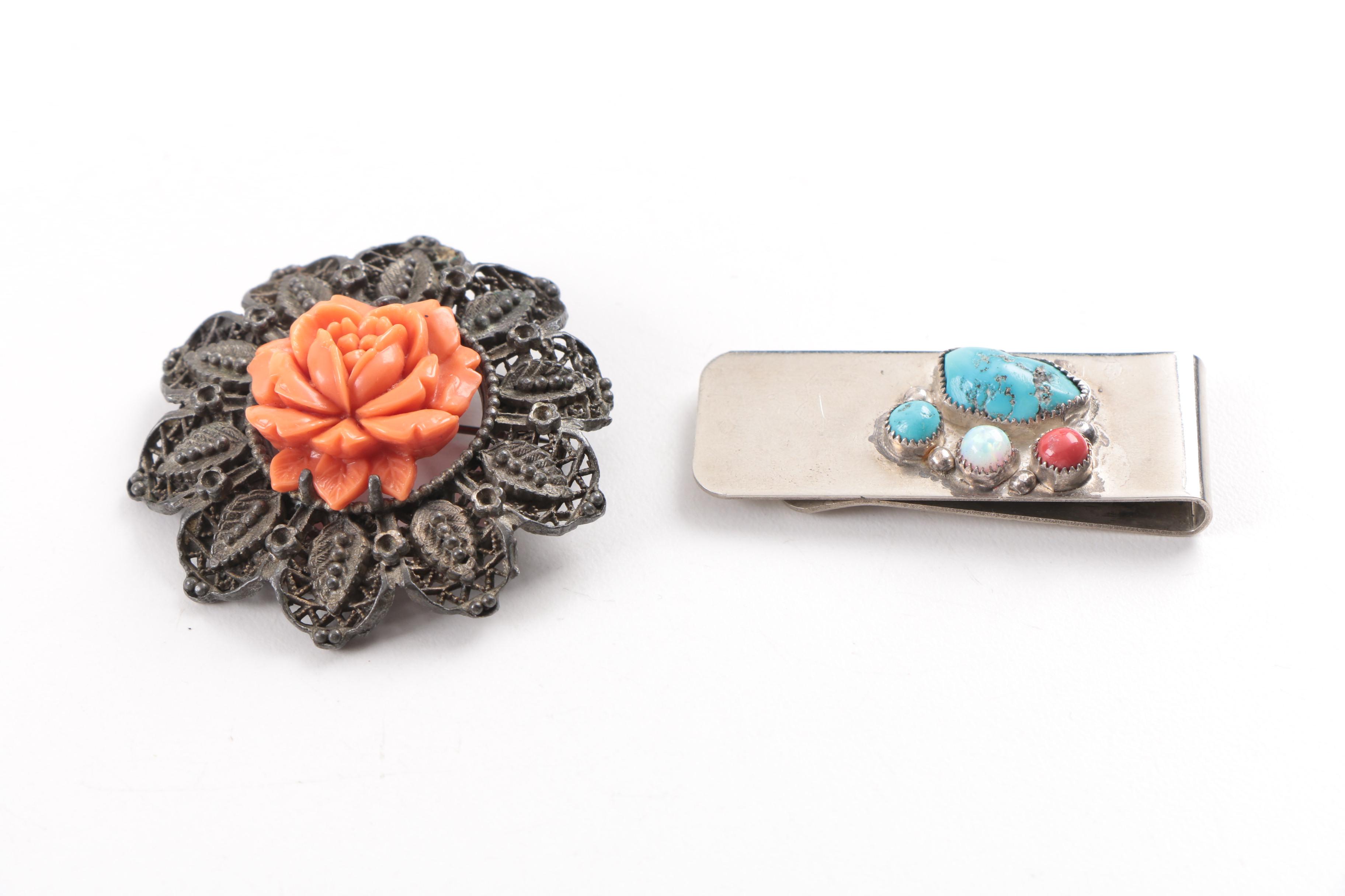 Assorted Costume Jewelry Including a Zuni Money Clip