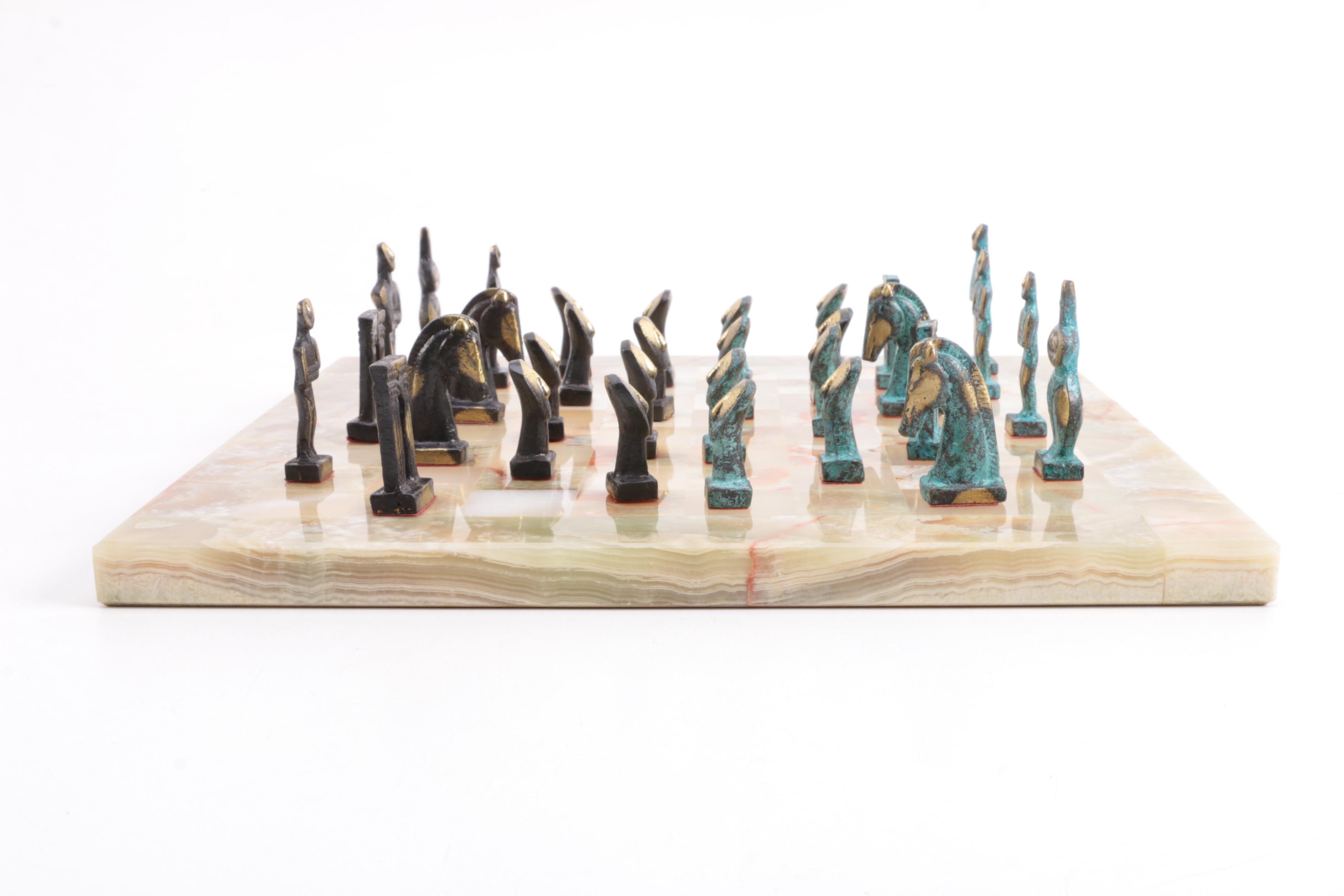 Abstract Bronze Chess Set with Stone Board