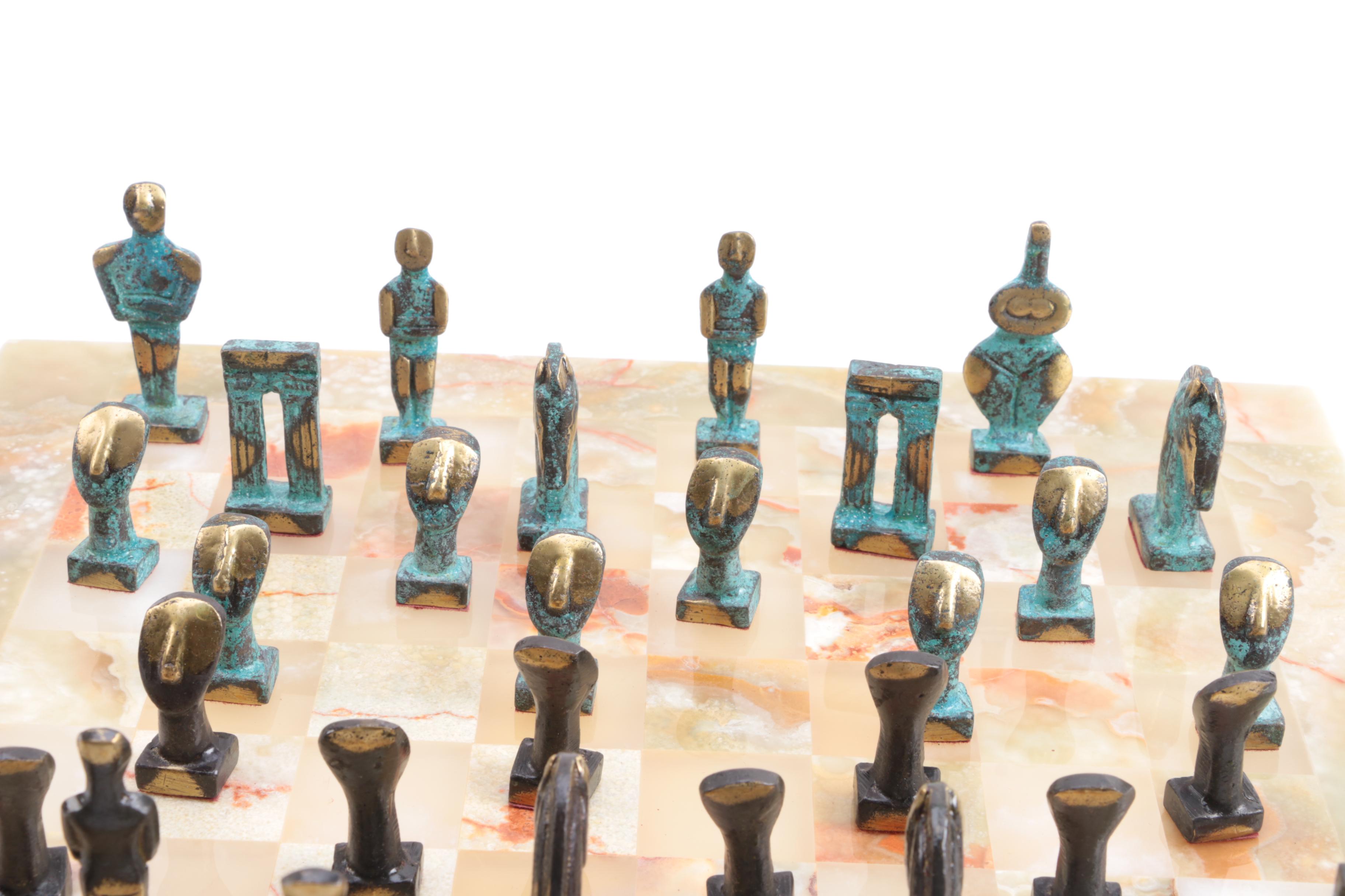 Abstract Bronze Chess Set with Stone Board