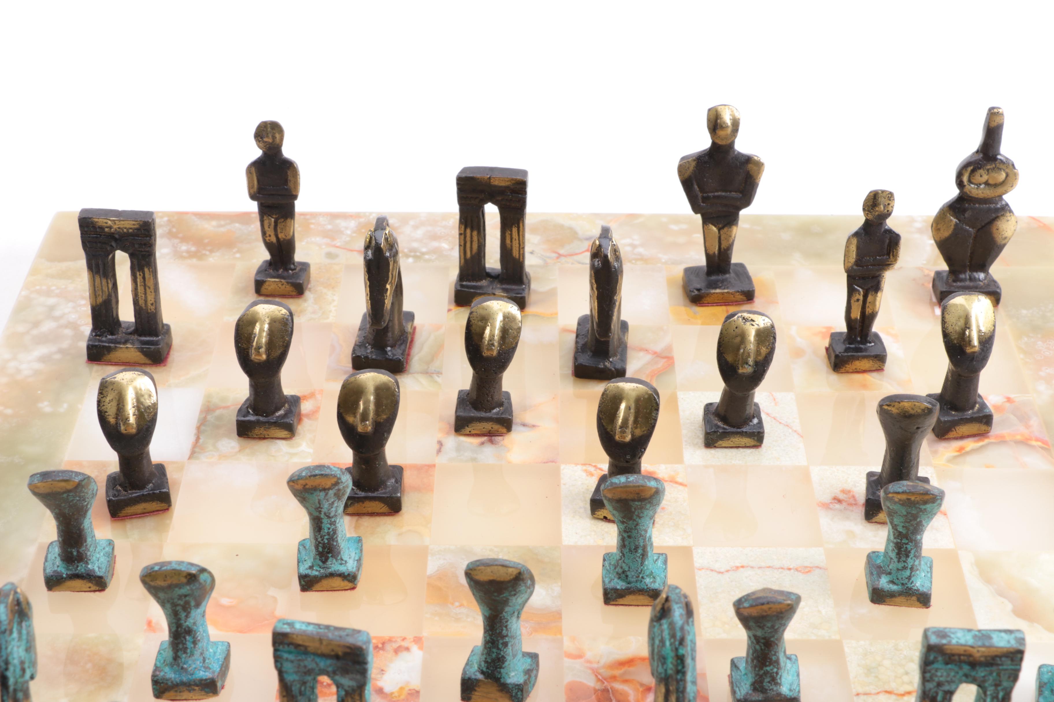 Abstract Bronze Chess Set with Stone Board
