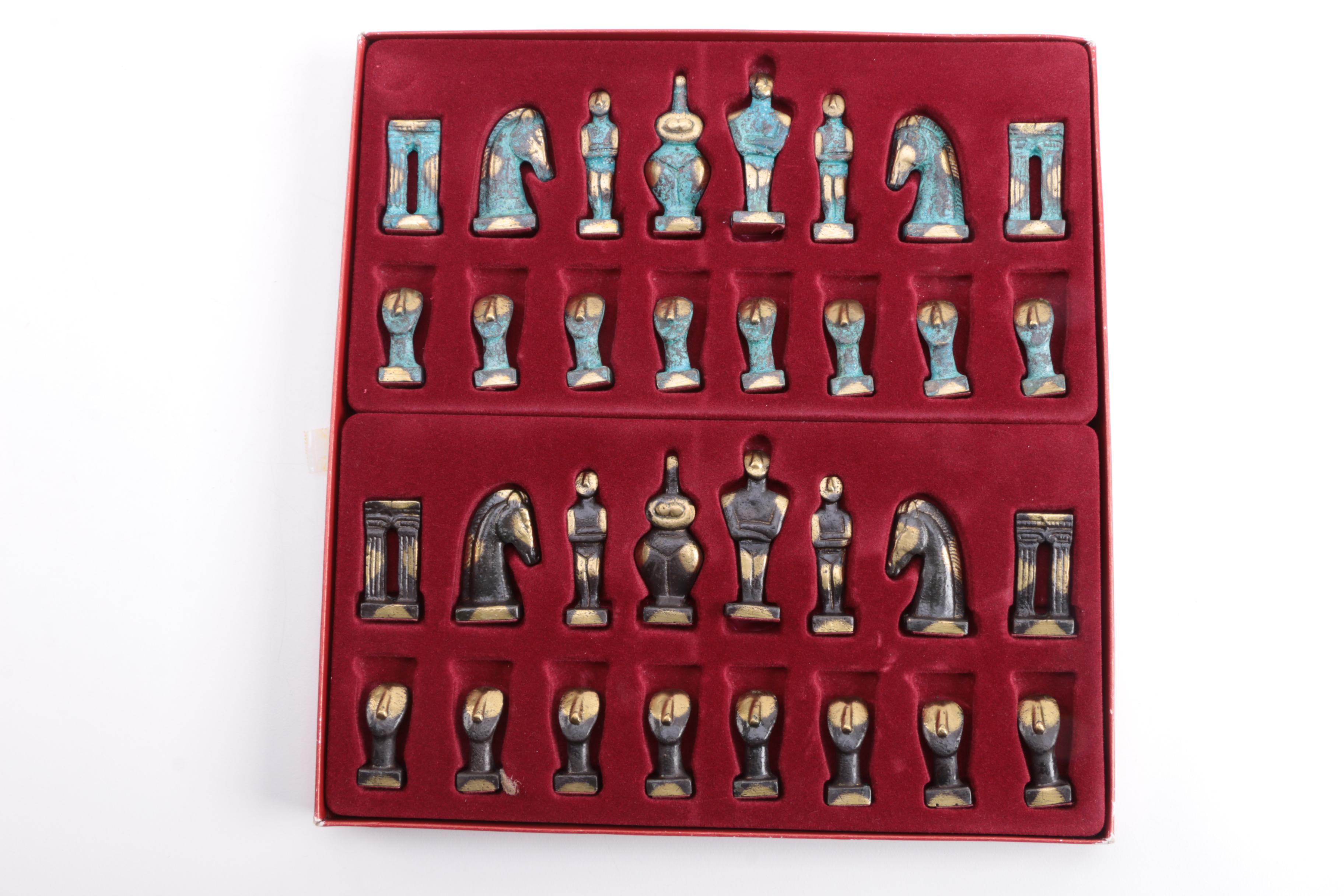Abstract Bronze Chess Set with Stone Board