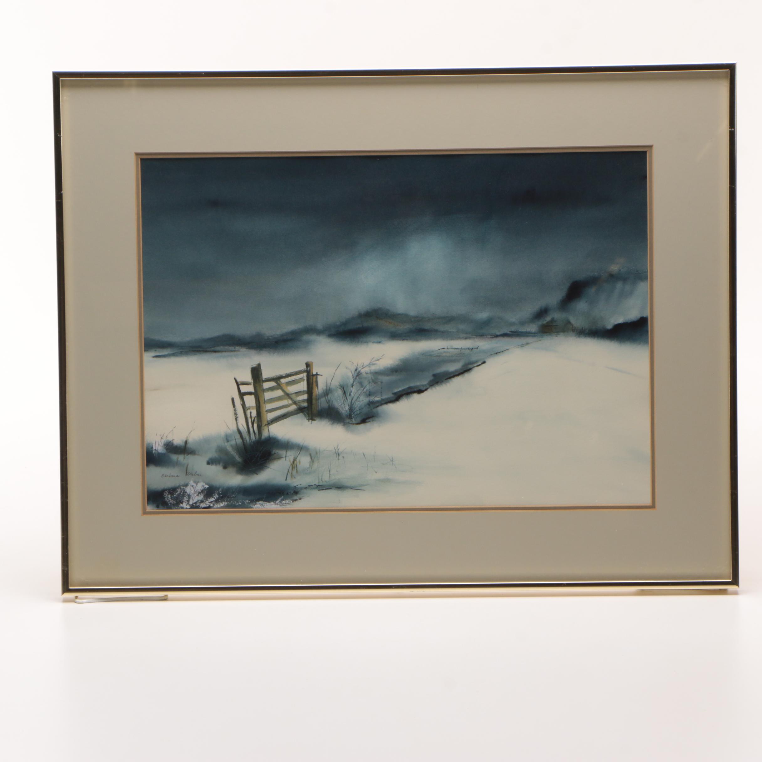 Barbara Weber Watercolor on Paper of a Winter Landscape