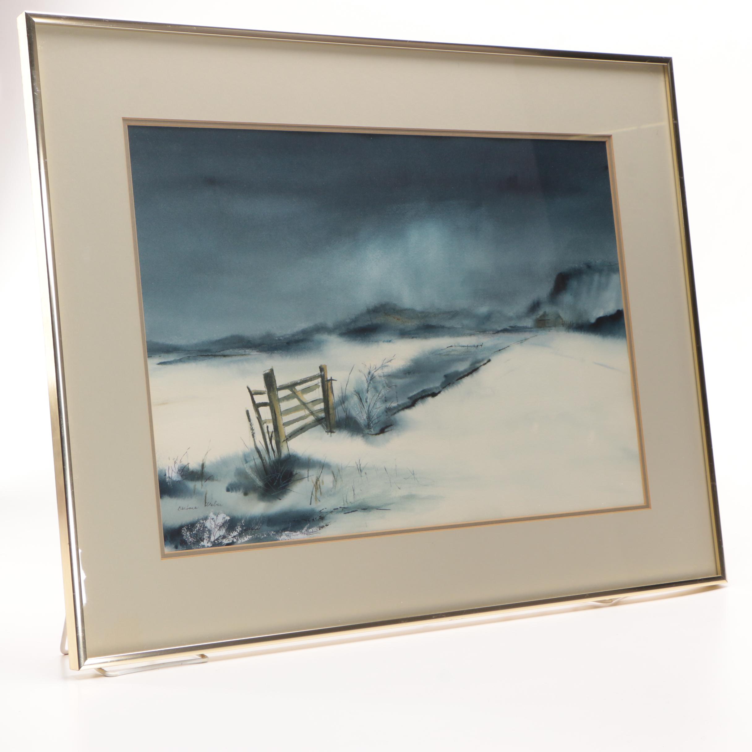 Barbara Weber Watercolor on Paper of a Winter Landscape