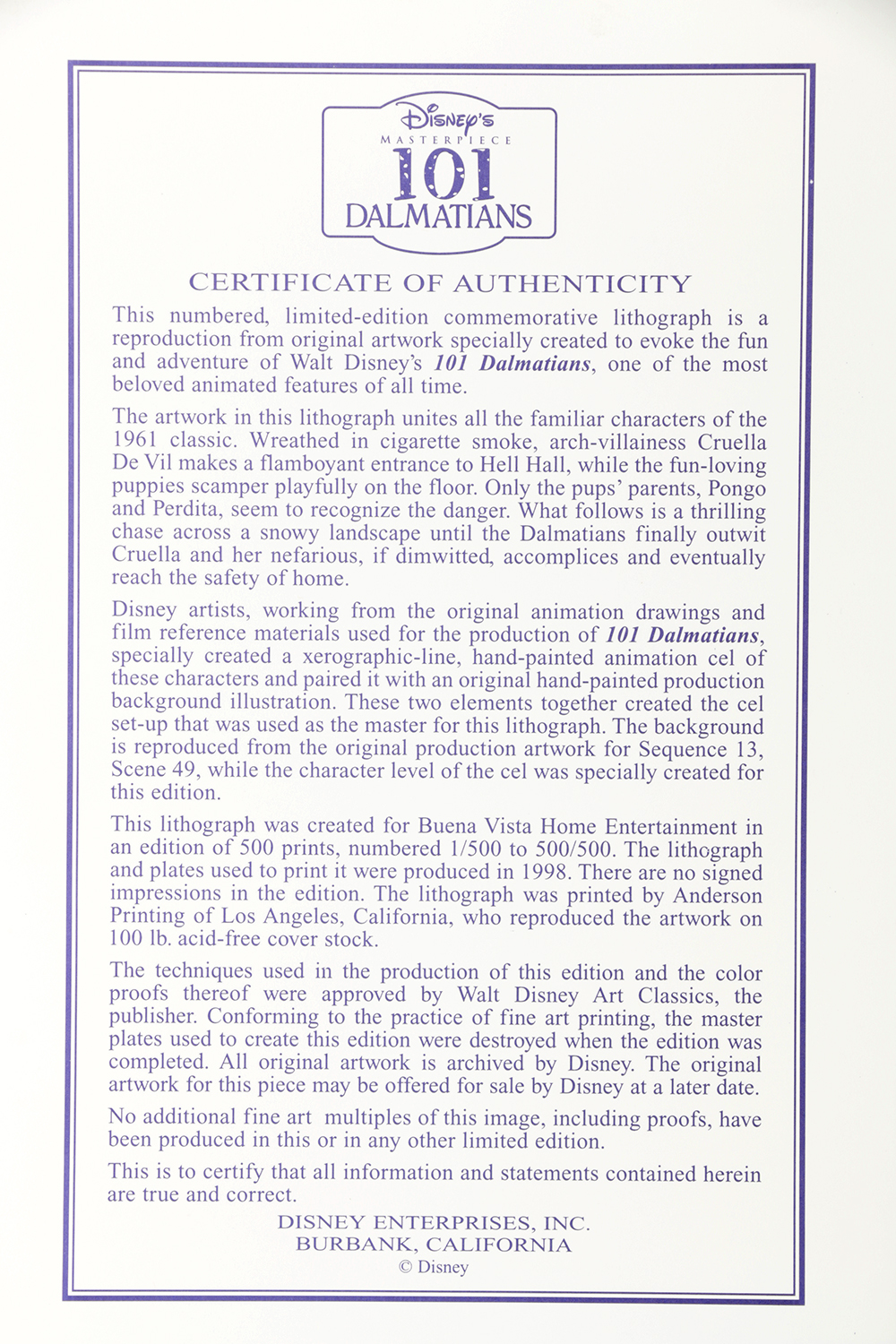 Disney Limited Edition Offset Lithograph 101 Dalmations Commemorative Print