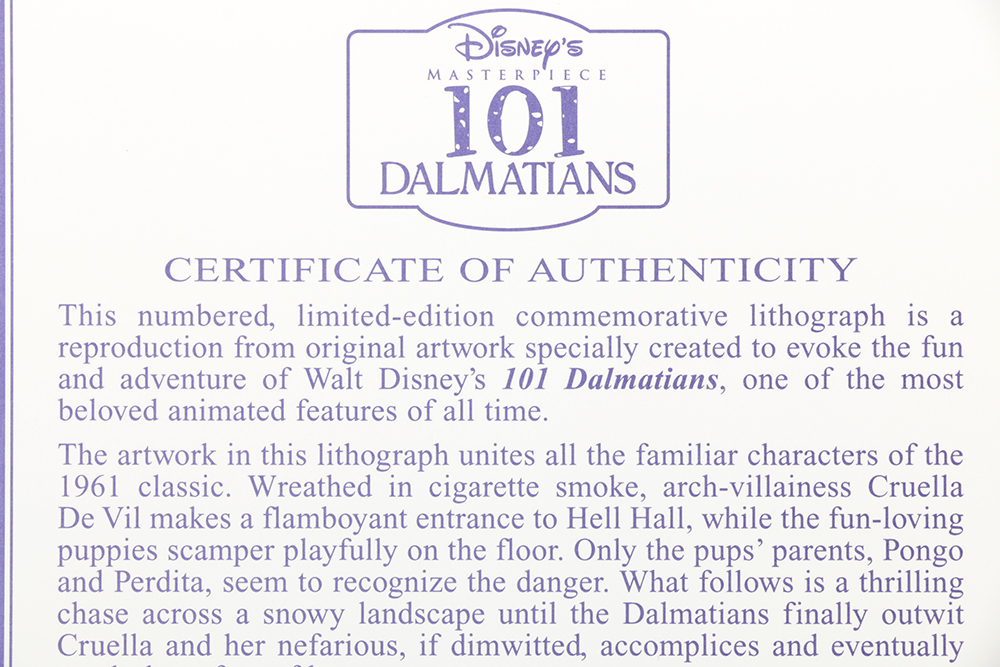 Disney Limited Edition Offset Lithograph 101 Dalmations Commemorative Print