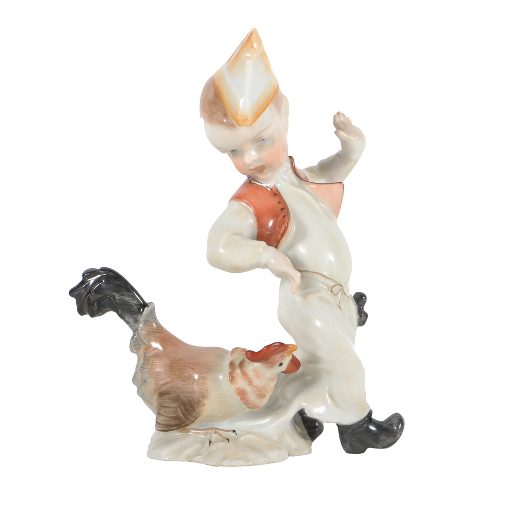 Herend Porcelain Figurine Of Boy With Rooster