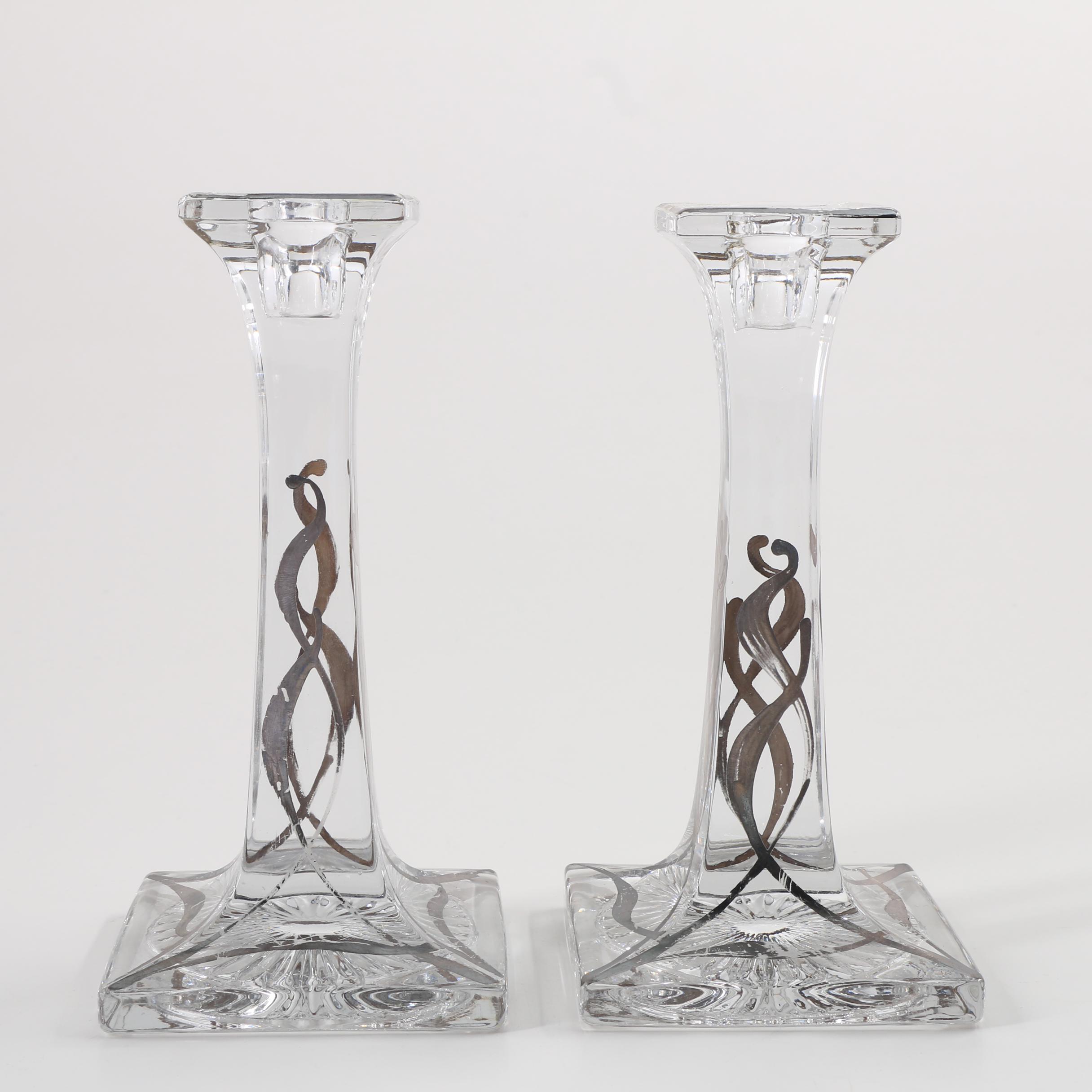 Cut Glass Candlesticks with Art Nouveau 800 Silver Overlay