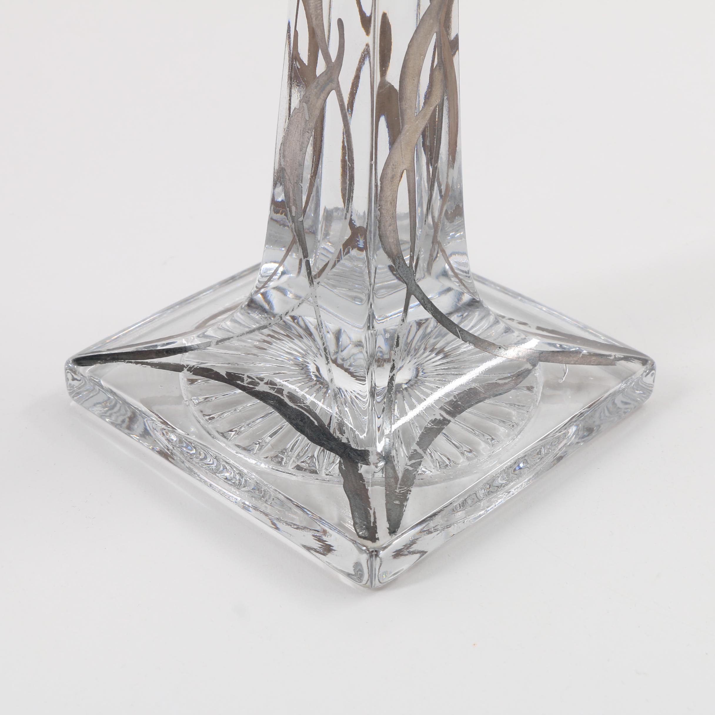 Cut Glass Candlesticks with Art Nouveau 800 Silver Overlay