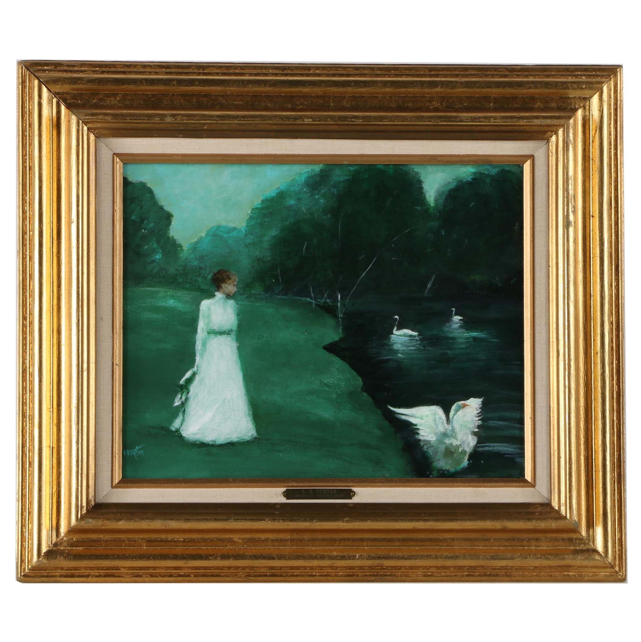L.A. Porter Oil Painting on Canvas of Woman and Swans