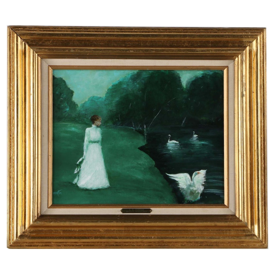 L.A. Porter Oil Painting on Canvas of Woman and Swans