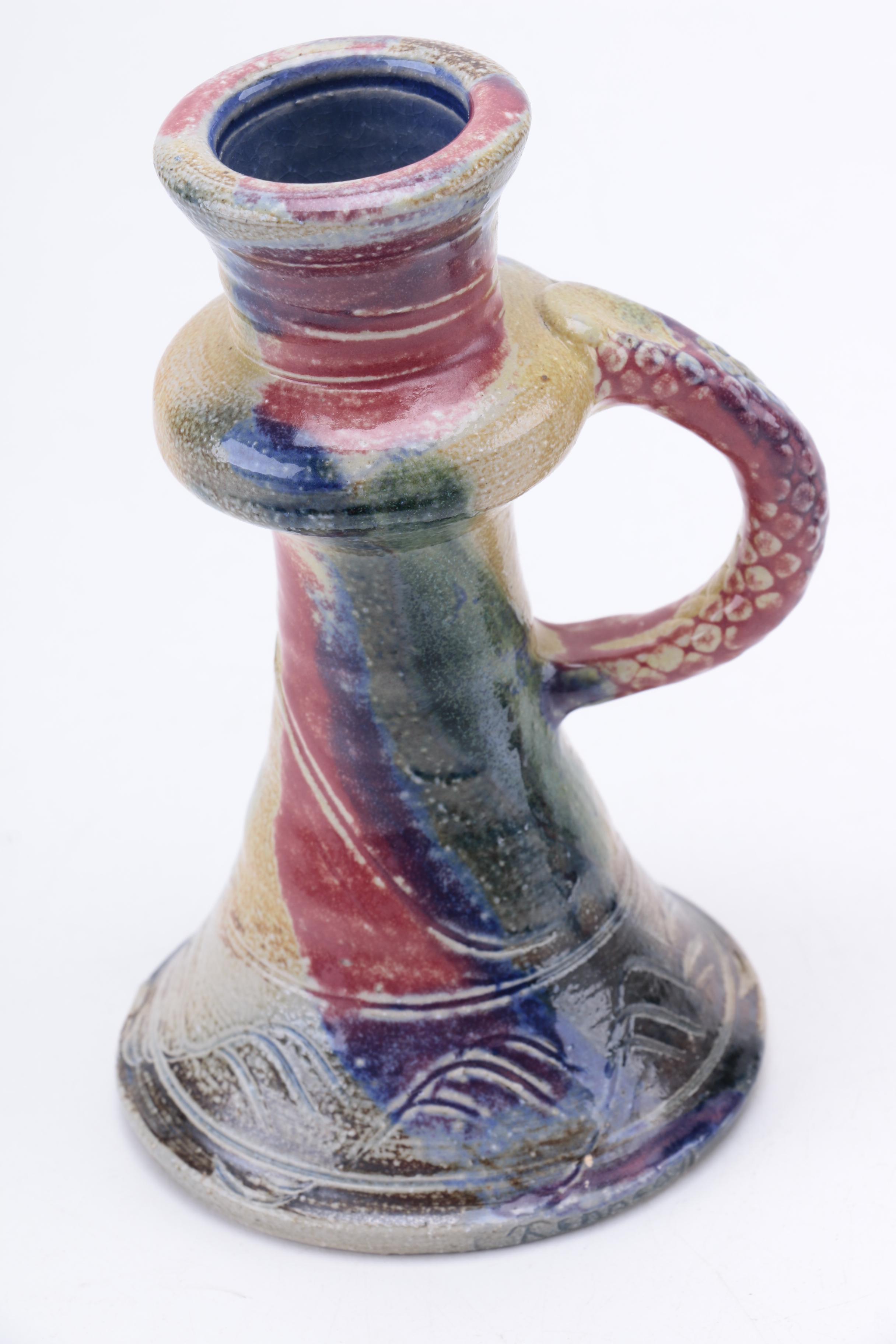 Pair of Irish Michael Kennedy Ceramics Multi-Colored Candlestick Holders