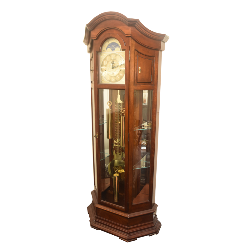 Sligh Moon-Phase Grandfather Clock With Display Shelves