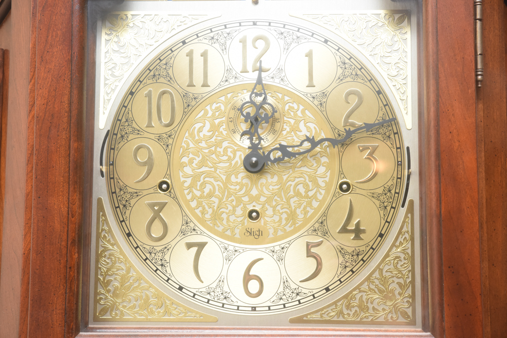 Sligh Moon-Phase Grandfather Clock With Display Shelves