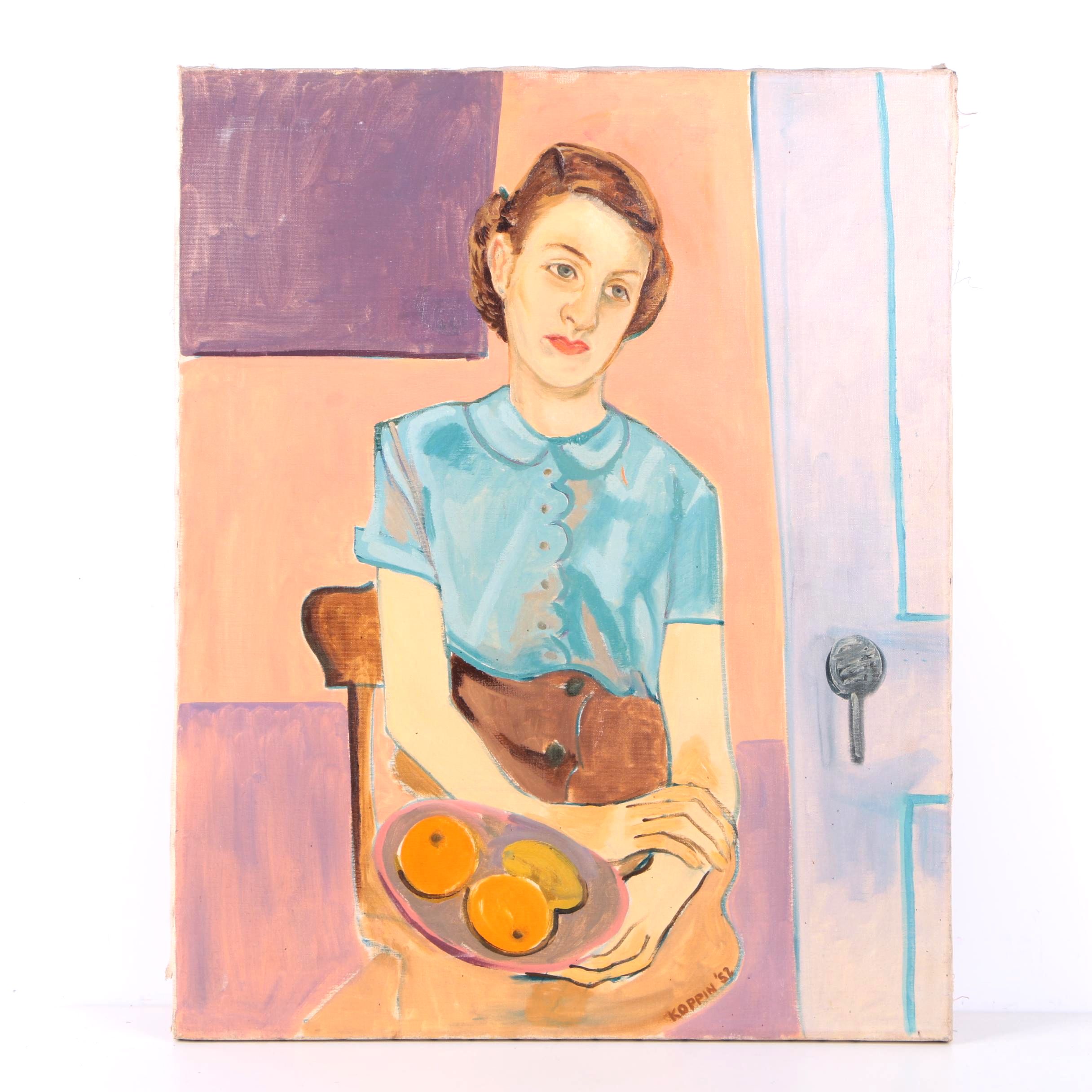 Koppin Signed Original 1952 Alla Prima Oil Portrait on Canvas of a Woman