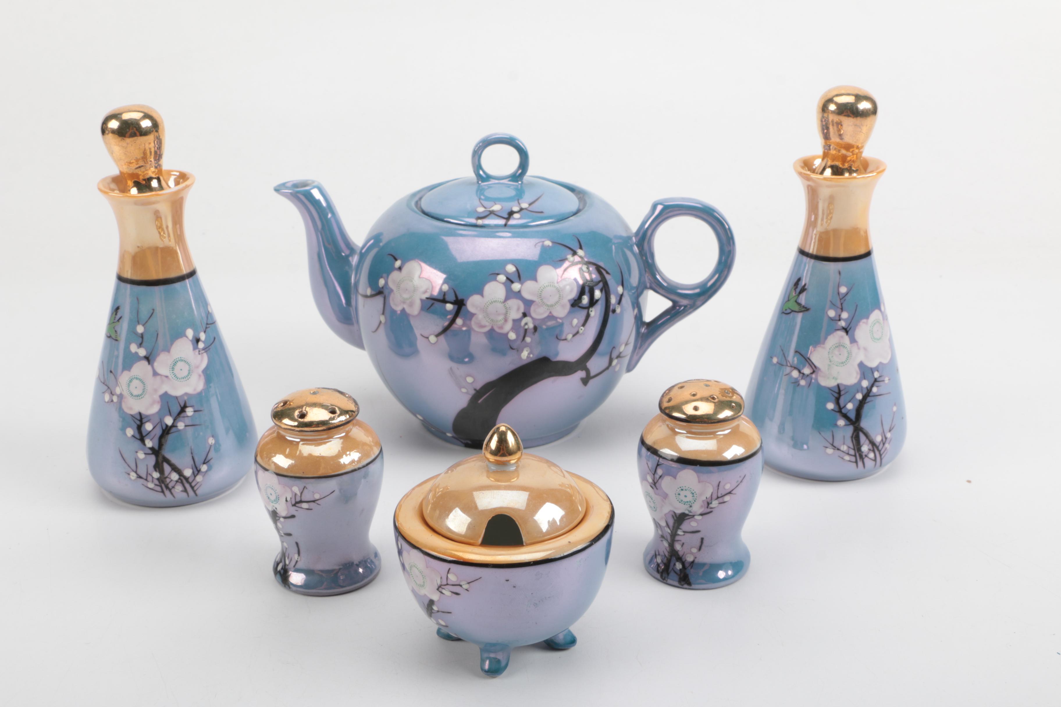 Japanese Cherry Blossom Blue Lustreware Tea Set and Shakers