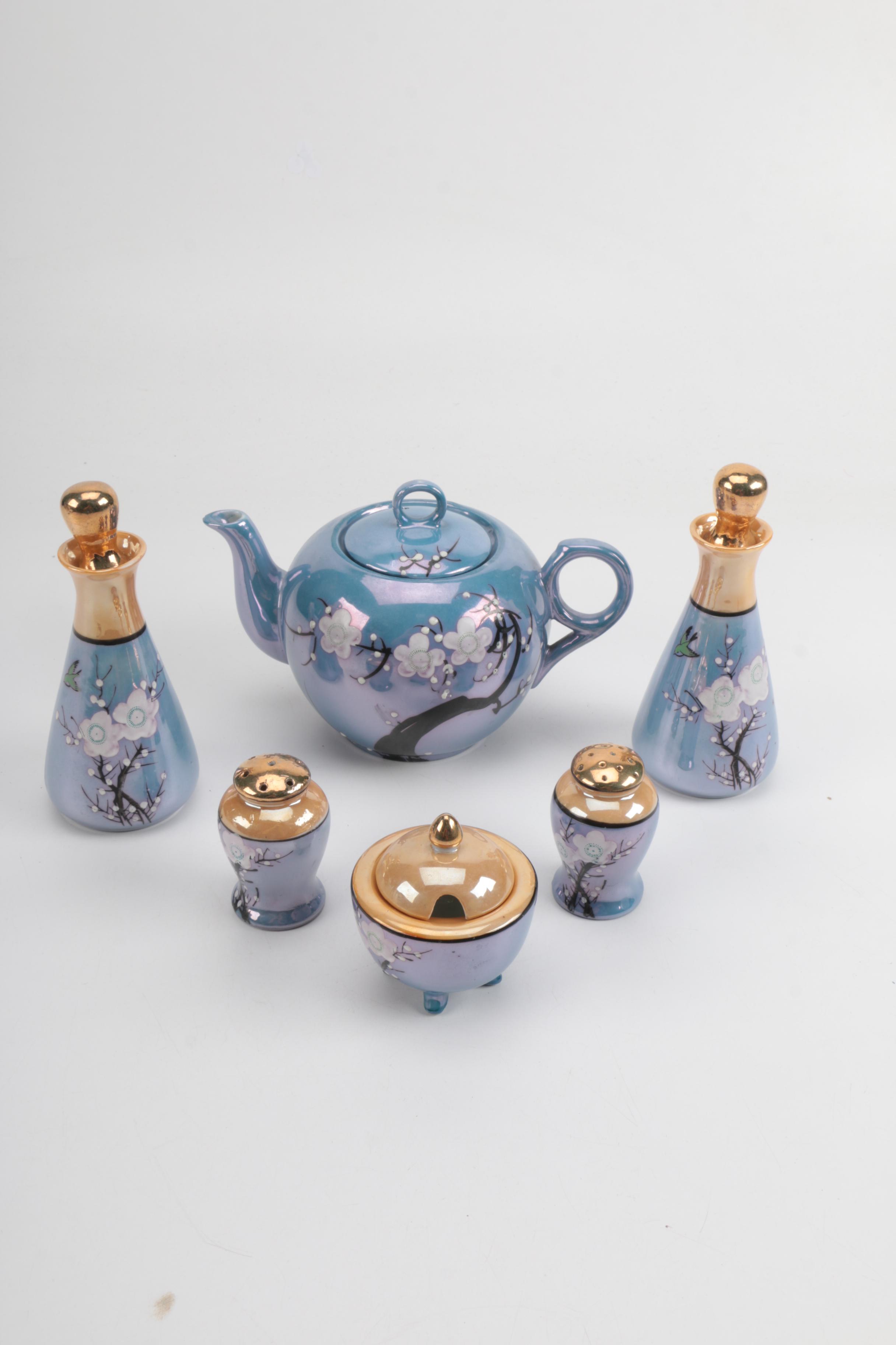 Japanese Cherry Blossom Blue Lustreware Tea Set and Shakers