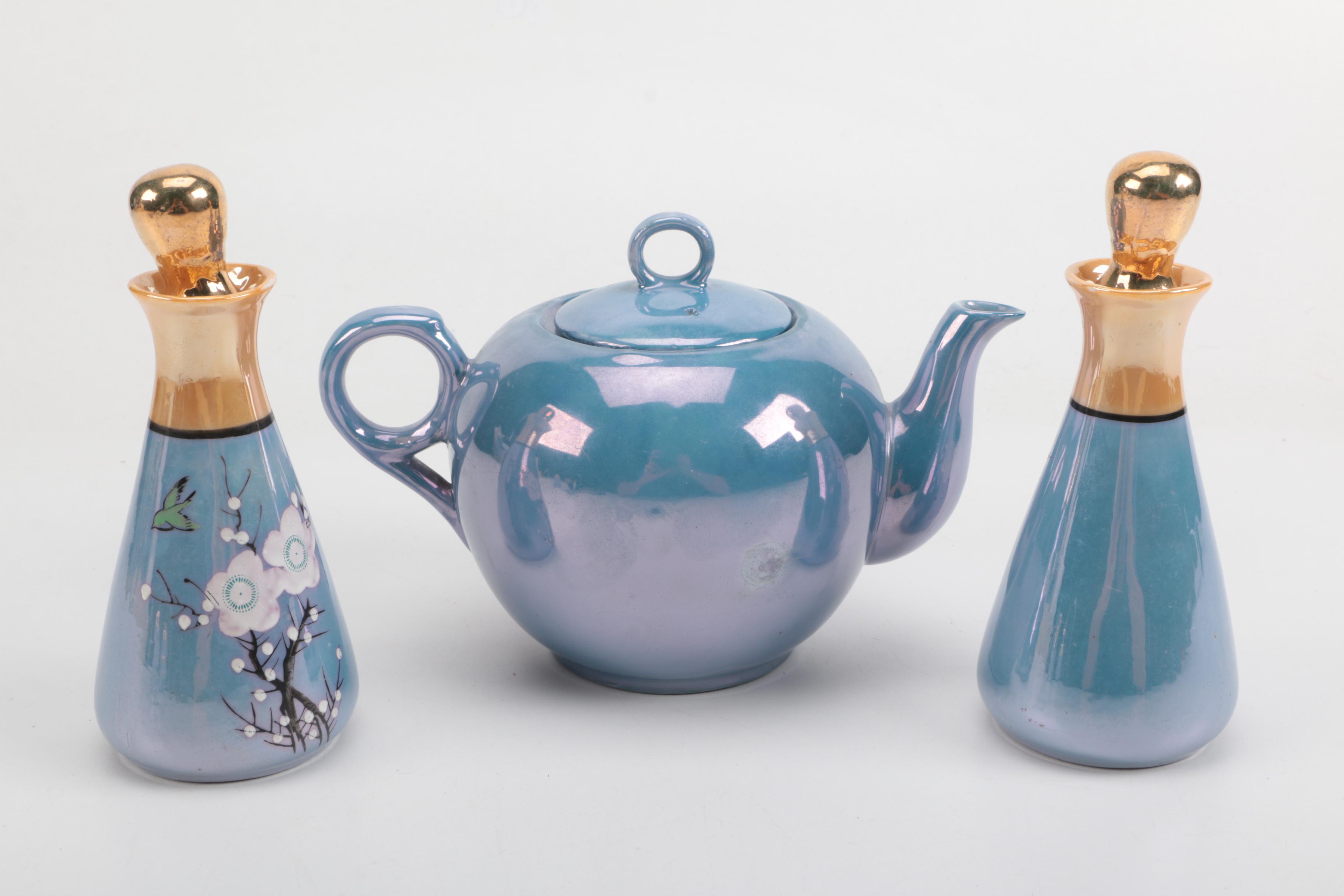 Japanese Cherry Blossom Blue Lustreware Tea Set and Shakers