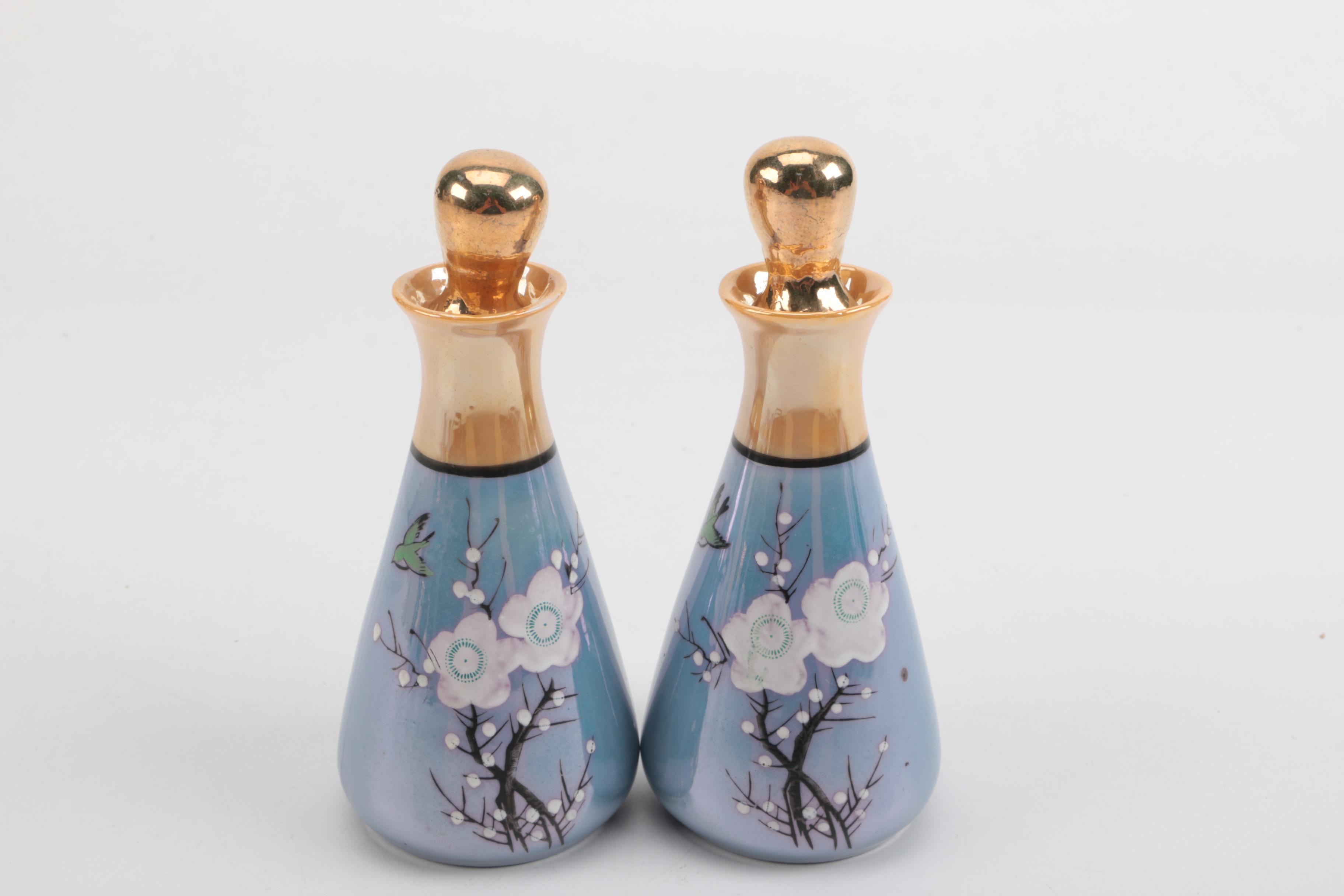 Japanese Cherry Blossom Blue Lustreware Tea Set and Shakers